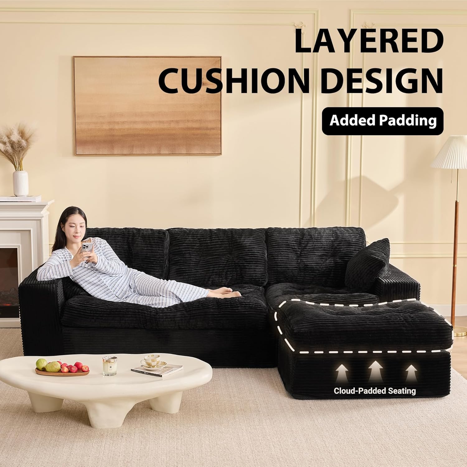 Afuson Modular Sectional Sofa, 102” L-Shaped Corduroy Couch with Ottoman, Deep Seat Comfy Sectional for Living Room, Set of Soft Upholstered Cloud Couch for Apartment, Black