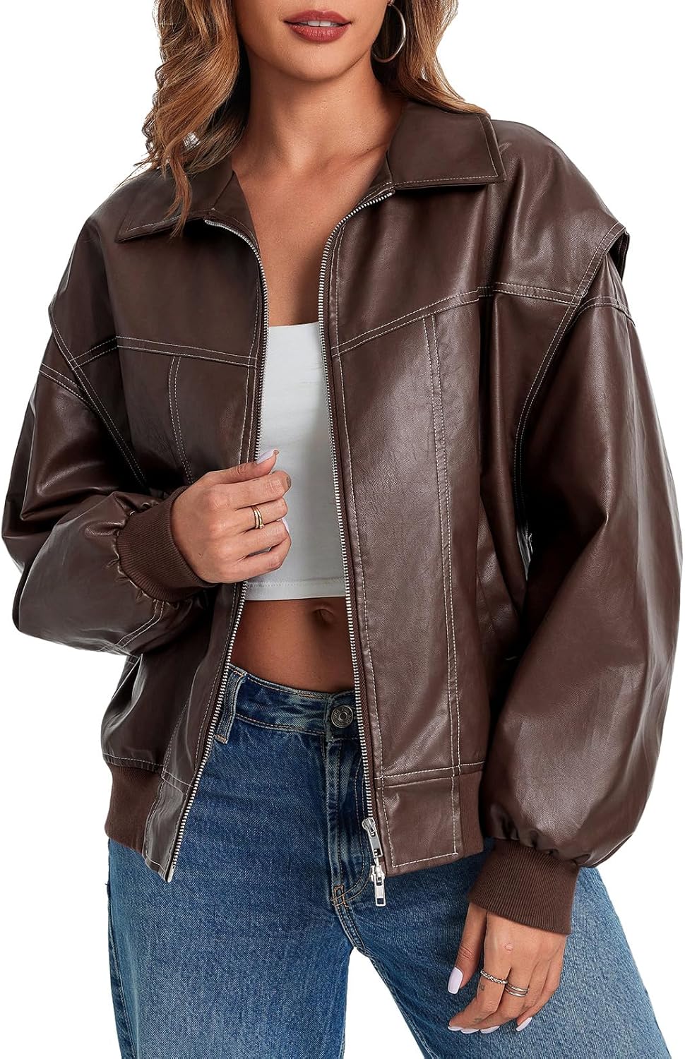 Tankaneo Womens Oversized Leather Bomber Jackets Cap Sleeve Zip Up Motorcycle Coats with Pockets - Image 5