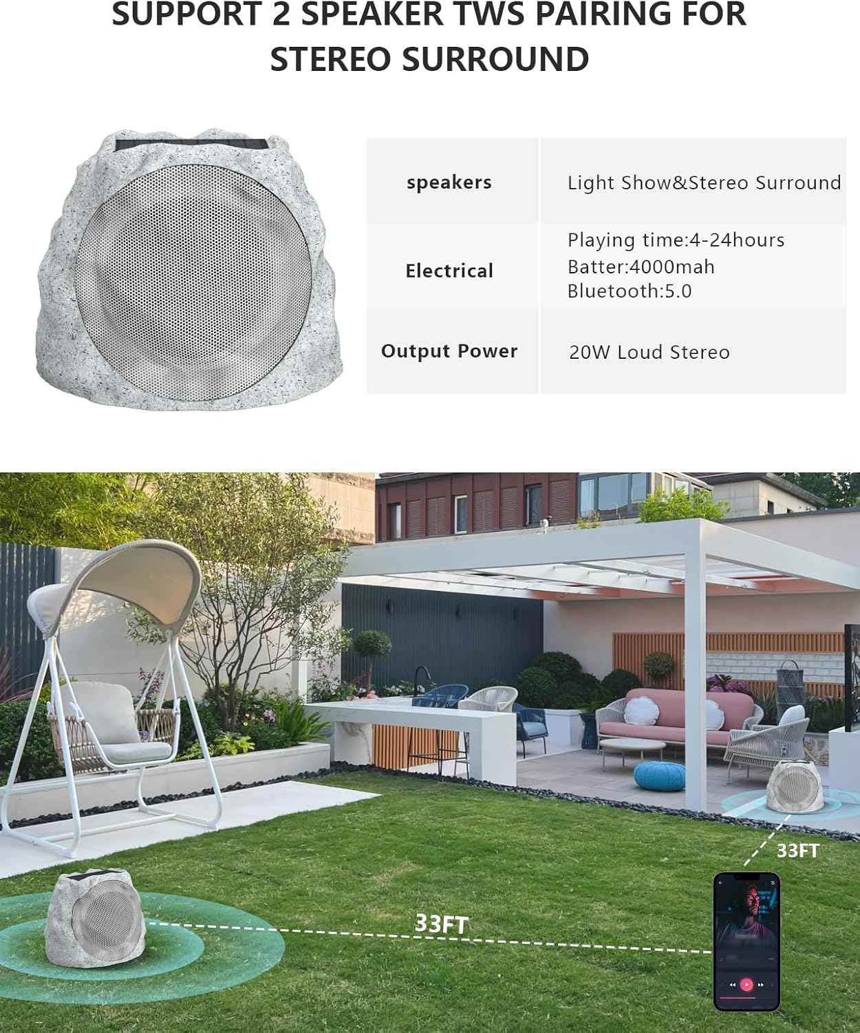 Outdoor Speakers Bluetooth Waterproof Patio TWS Connection Outdoor Bluetooth Speakers Wireless Solar Powered and Rechargeable Rock Speaker for Patio Pool,Backyard (Gray Marble, 2 Pack) - Image 4