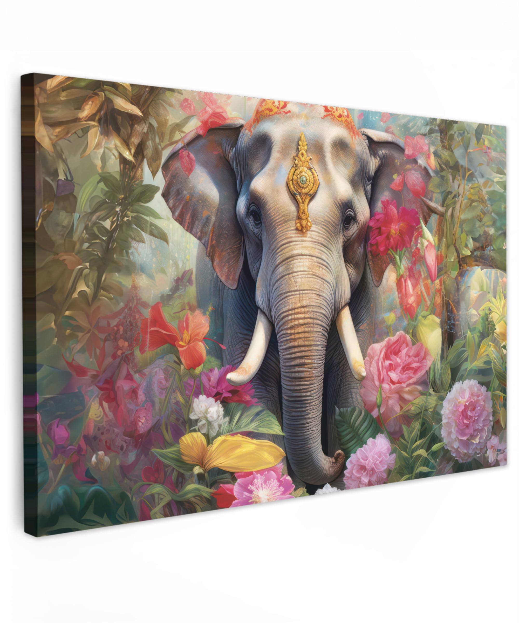 MuchoWow© Canvas Wall Art 35"x24" / 90x60 cm Decor Paintings Print framed on Canvas Pictures for Hallway Elephant - Flowers - Nature - Animals — image 1