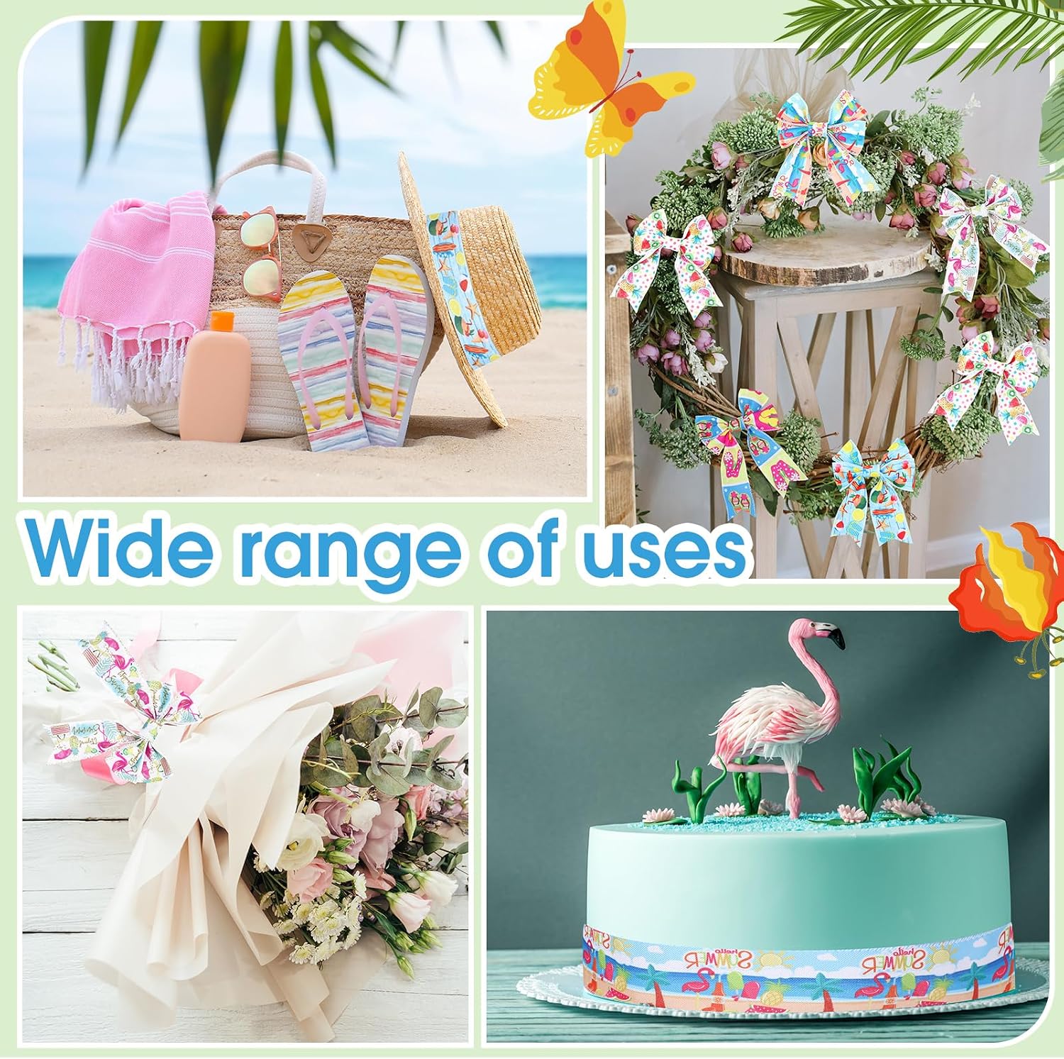 Tigeen 6 Rolls 30 Yards Summer Ribbon Flamingo Wired Ribbon Hawaii Tropical Beach Flip Flops Burlap Ribbons for Summer Wreath Bows Crafts Making, 2 Inch
