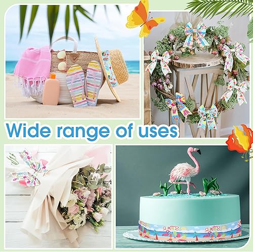 Miniatura 6 de Tigeen 6 rollos de 30 yardas de cinta decorativa de verano Flamingo con alambre, cinta de arpillera tropical de Hawái para alpargatas de playa,