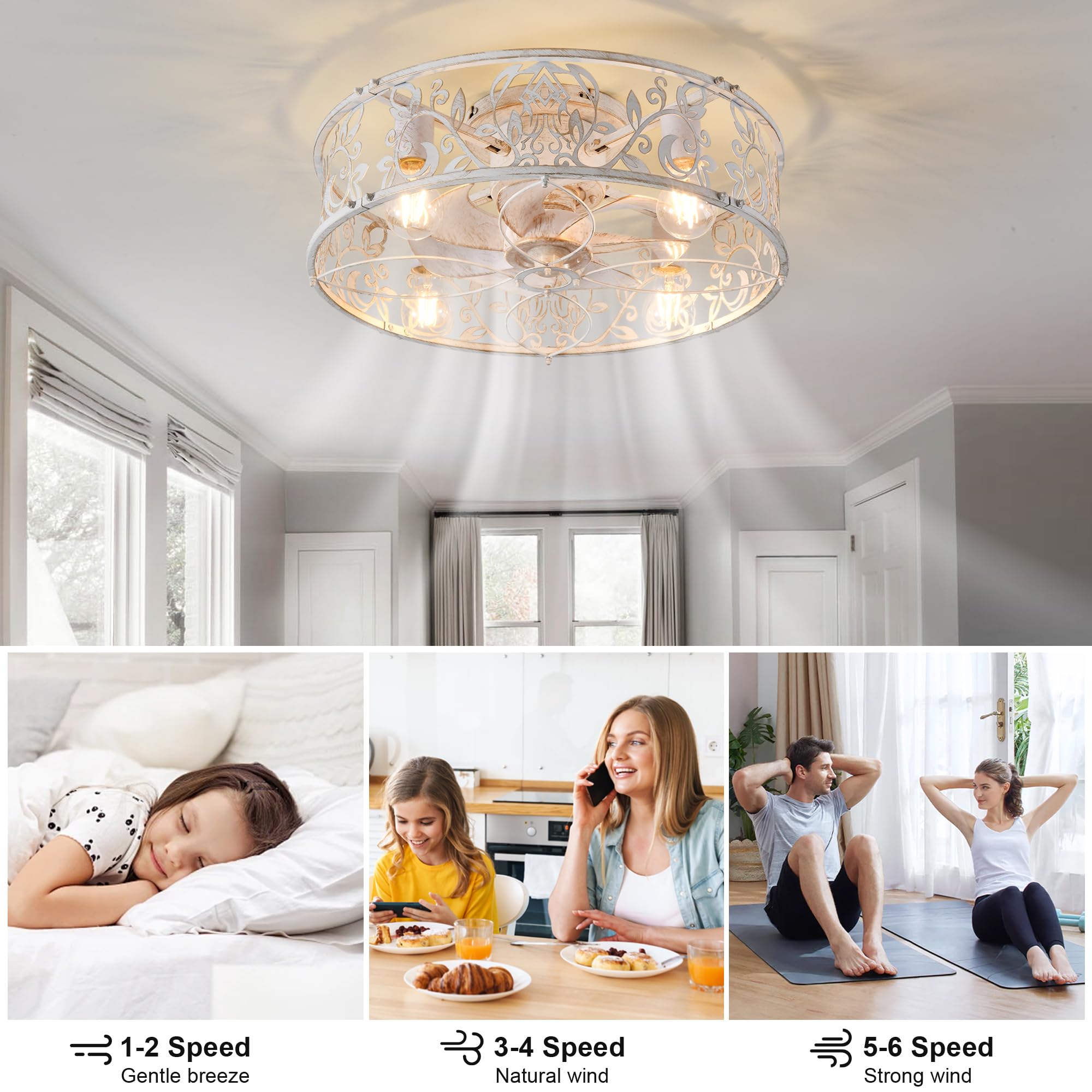 Ganeed Käfig Deckenventilator mit Licht Industrie-Stil Bauernhaus Decke Elegant Bemalte Beleuchtung 51cm Niedrigprofil Decke montiert Lampe E27 mit Fernbedienung Weiß 4 Licht