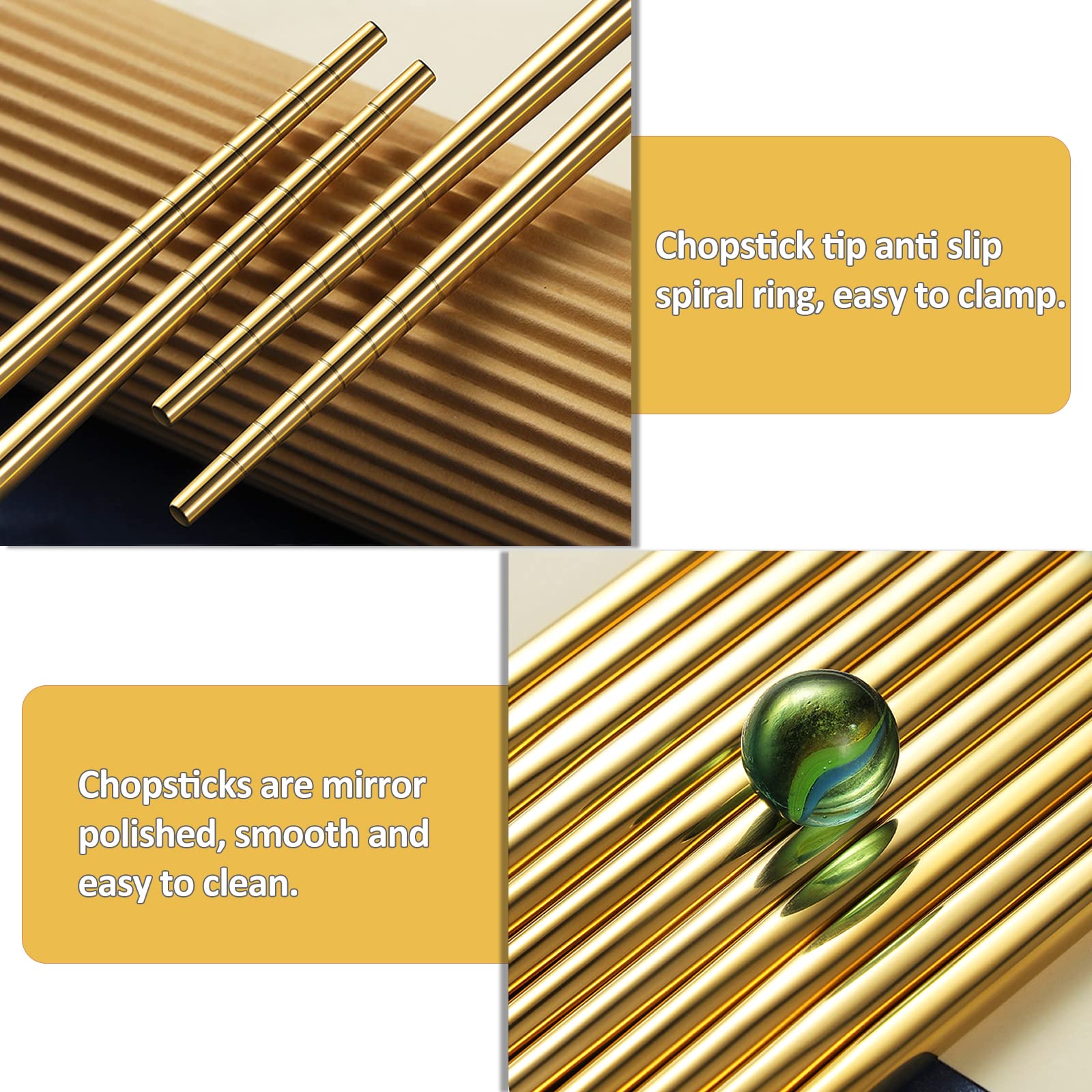 Gold Stainless Steel Chopsticks - Reusable Chopsticks - 5 Pairs Dishwasher Safe Metal Chopsticks - Easy to Use - Pressure Line Lightweight Chop Sticks- Gift Set（9 Inch ） — Amazon image 6