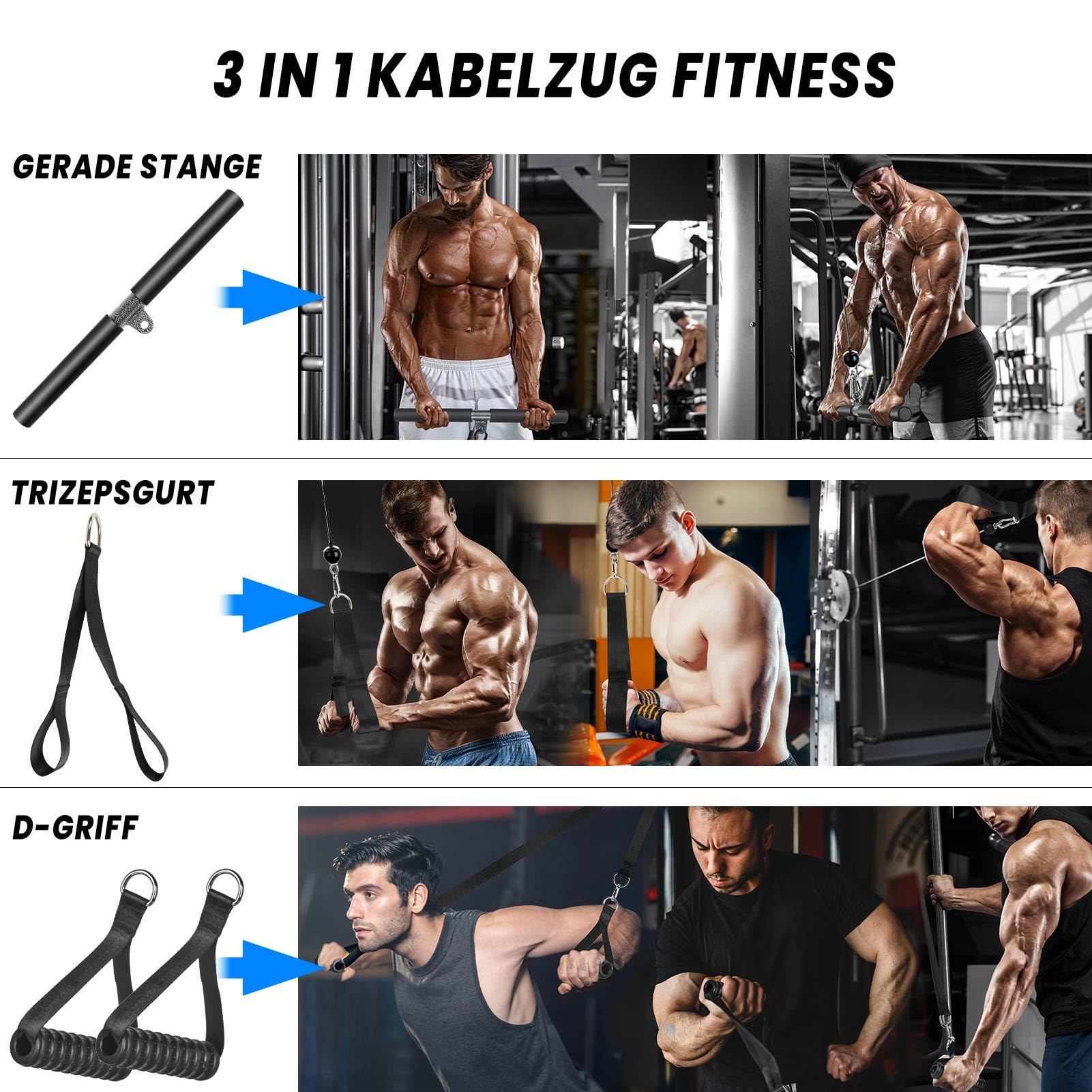 Kabelzug Fitness Trizeps Trainingsgerät, Bizeps Kabelzug Latzug Geräte mit Griff Gerader Stange Latzugturm Kabelturm Fitnessgeräte Kraftstation Home Gym Workout Pulley System Set für Zuhause