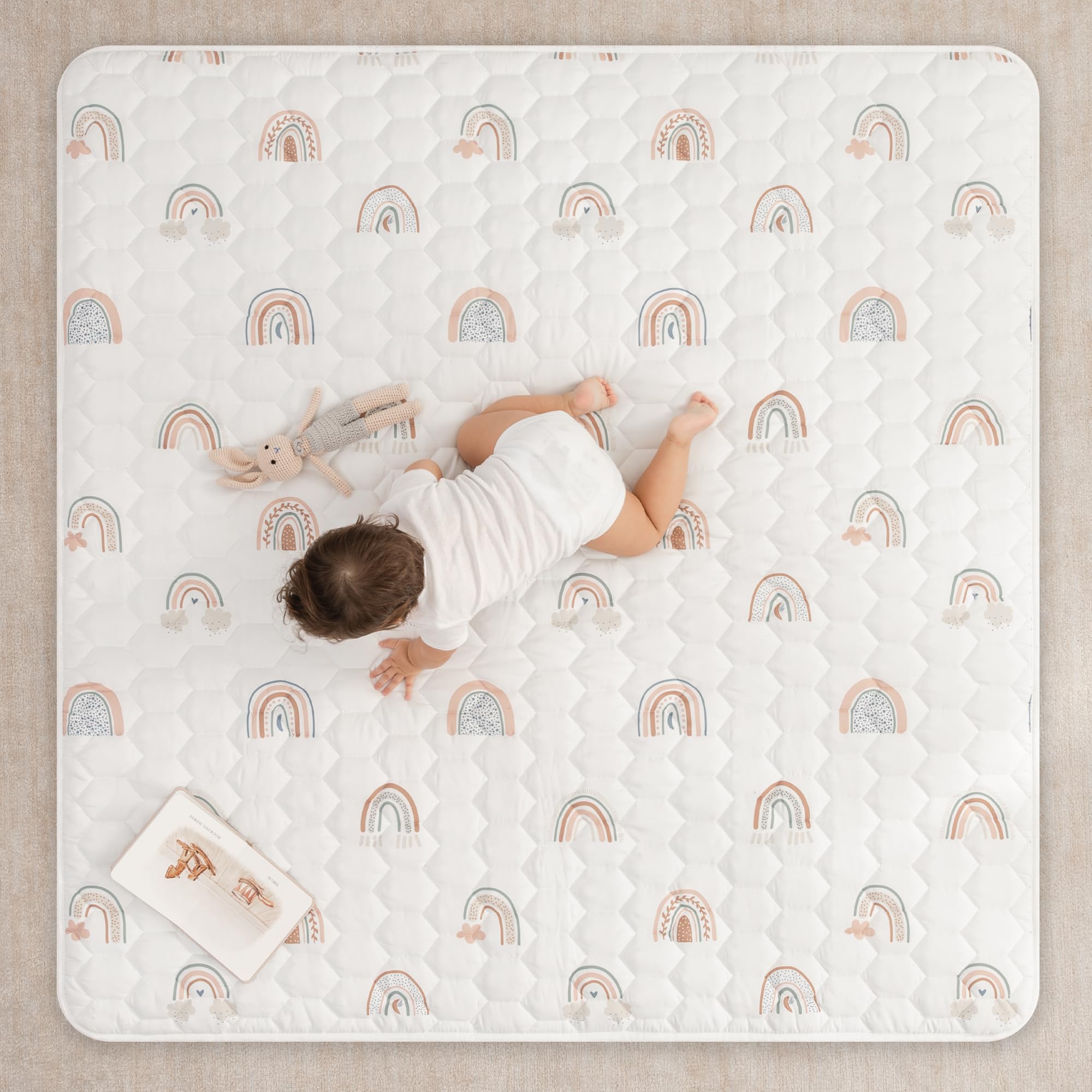 Tapete cuadrado de juego para niños, 56 x 56 pulgadas, tapete acolchado suave para bebé con parte inferior antideslizante, diseño de felpa para el tiempo de juego y la relajación de los 2