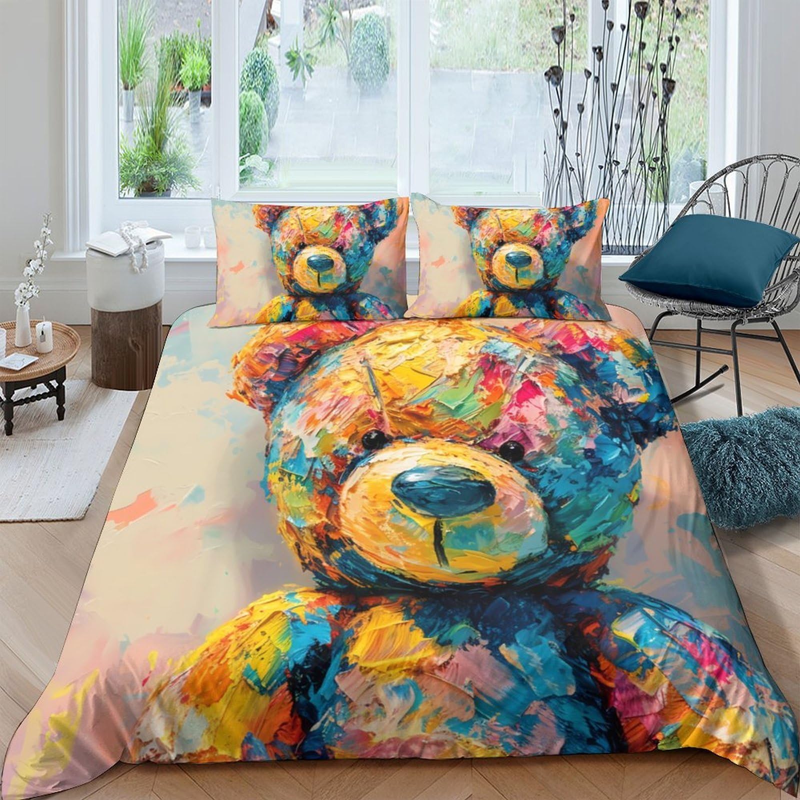 GPLZQXKJNH 3D Printed Colorful Bear Duvet Cover Set Microfiber Soft Breathable Abstract Teddy Quilt Cover with 2 Pillowcases for Bedroom Decor Single（135x200cm）