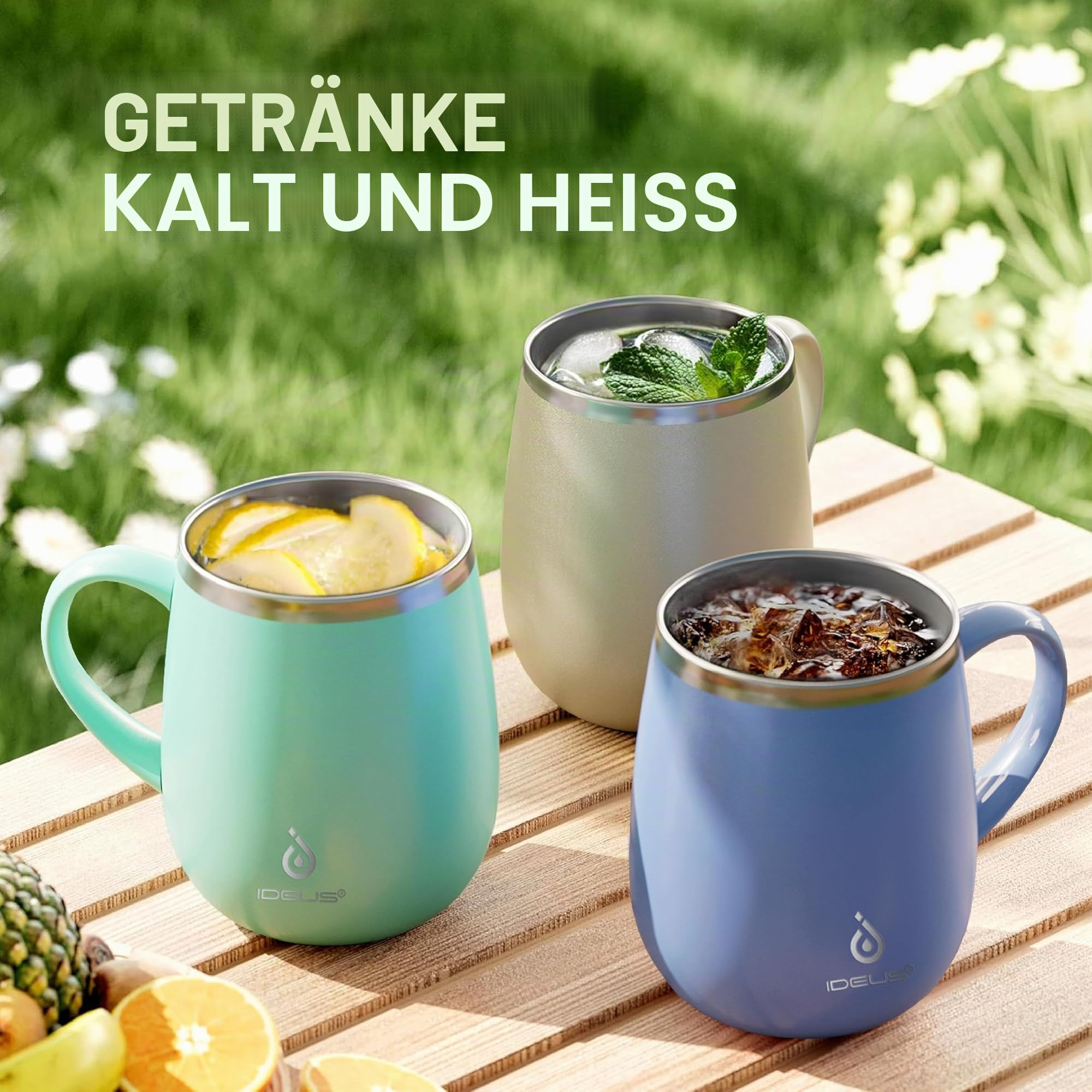 Ideus Isolierter Kaffeebecher mit Griff und Deckel, doppelwandiger Edelstahl-Vakuum-Thermo-Kaffeebecher, Reise-Kaffeetasse, Thermobecher für Zuhause und Büro, Ozeanblau 2.0, 473 ml