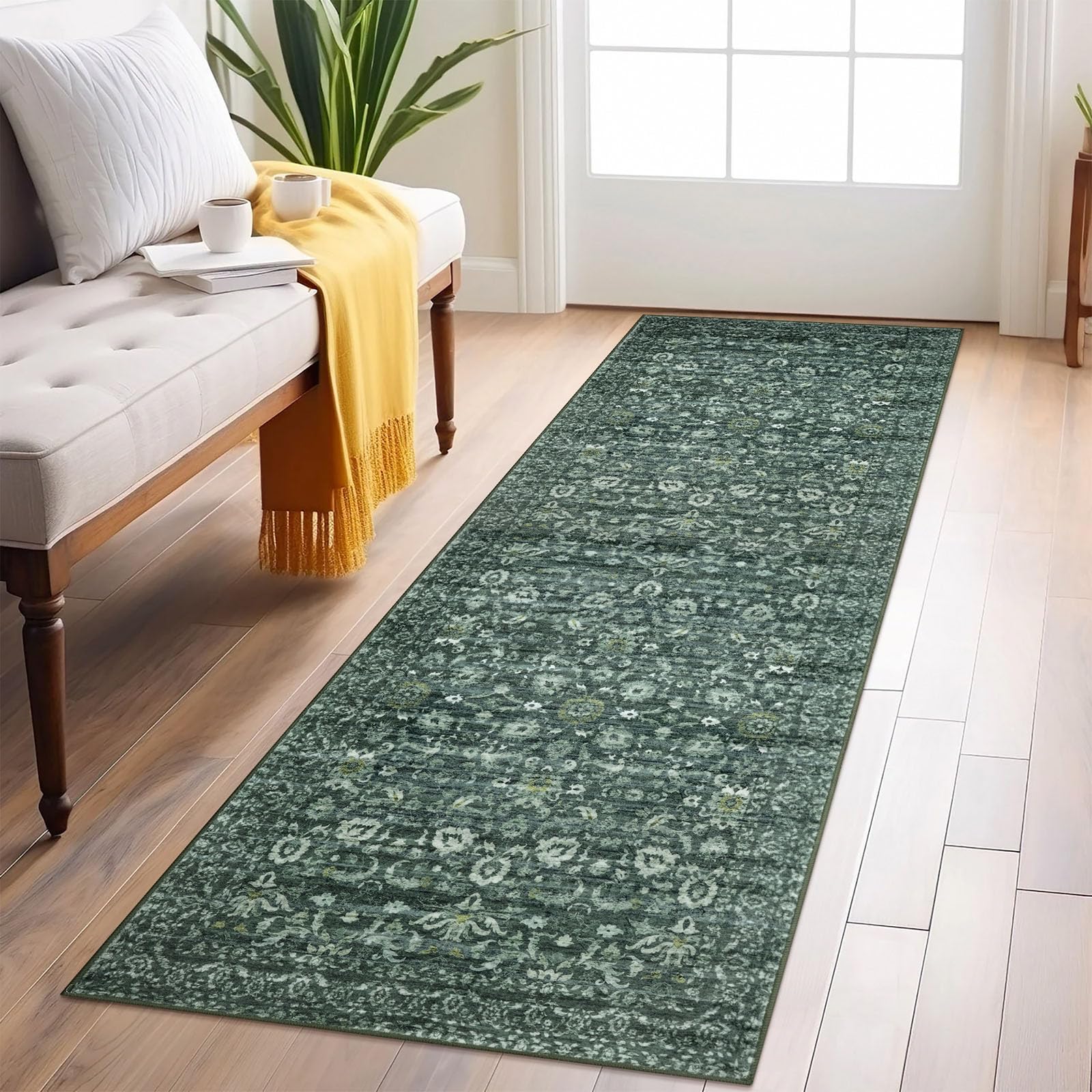 Lansny Vintage Floral 2x6 Runner Rug, Dark Green Washable Kitchen Runner Rug Non-Slip Hallway Rug Runner Boho Thin Printed Faux Wool Super Soft Carpet