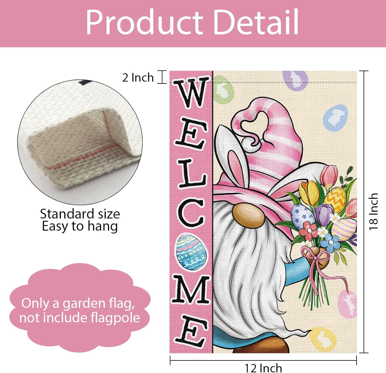Easter Garden Flag 12×18 Double Sided, Vertical Burlap Gnome Floral Easter Eggs Welcome Yard Flags Outside Holiday Outdoor Decoration - Image 6
