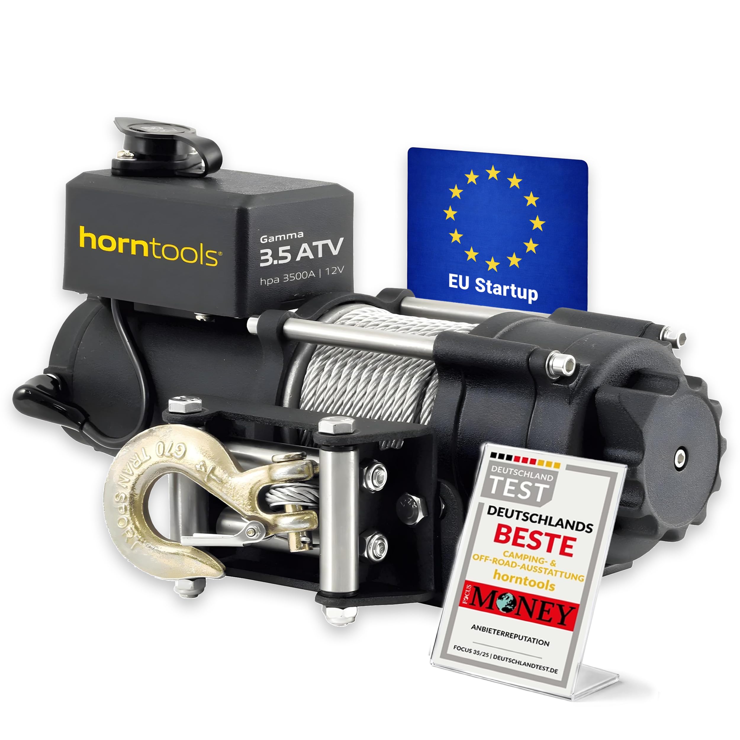 Horntools Seilwinde Gamma, 1,6 Tonnen ATV, Querstreben aus Edelstahl, Heckwindensystem (Stahlseil, 12 Volt)