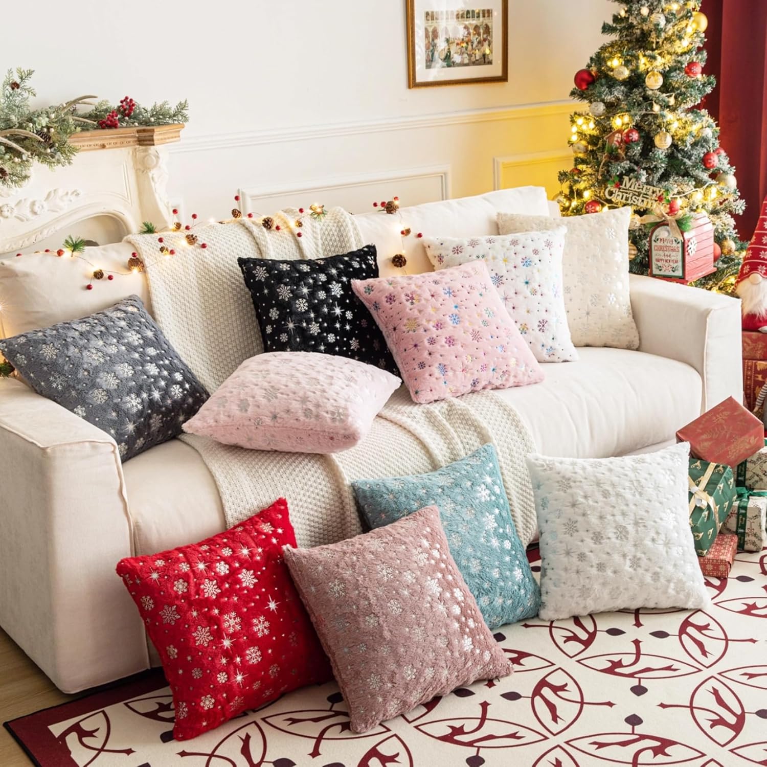 AQOTHES Soft Faux Fur Fuzzy Cute Decorative Throw Pillows Covers with Snowflake Glitter Printed Pillowcases for Christmas Decor Home Bed Room Sofa Chair Couch, Red, 24x24 inch, Pack of 2