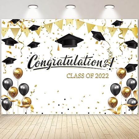 LIVUCEE 7x5ft Polyester Fabric 2022 Graduation Backdrop for Photography Party Supplies Black Gold Balloons Decorations Congrats Grad Graduation Cap Background Banner Photo Studio Booth