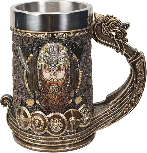 SUMMIT COLLECTION Drakkar - Taza vikinga con mango de lancha larga, jarra de cerveza de 13 onzas líquidas, inserto de acero inoxidable