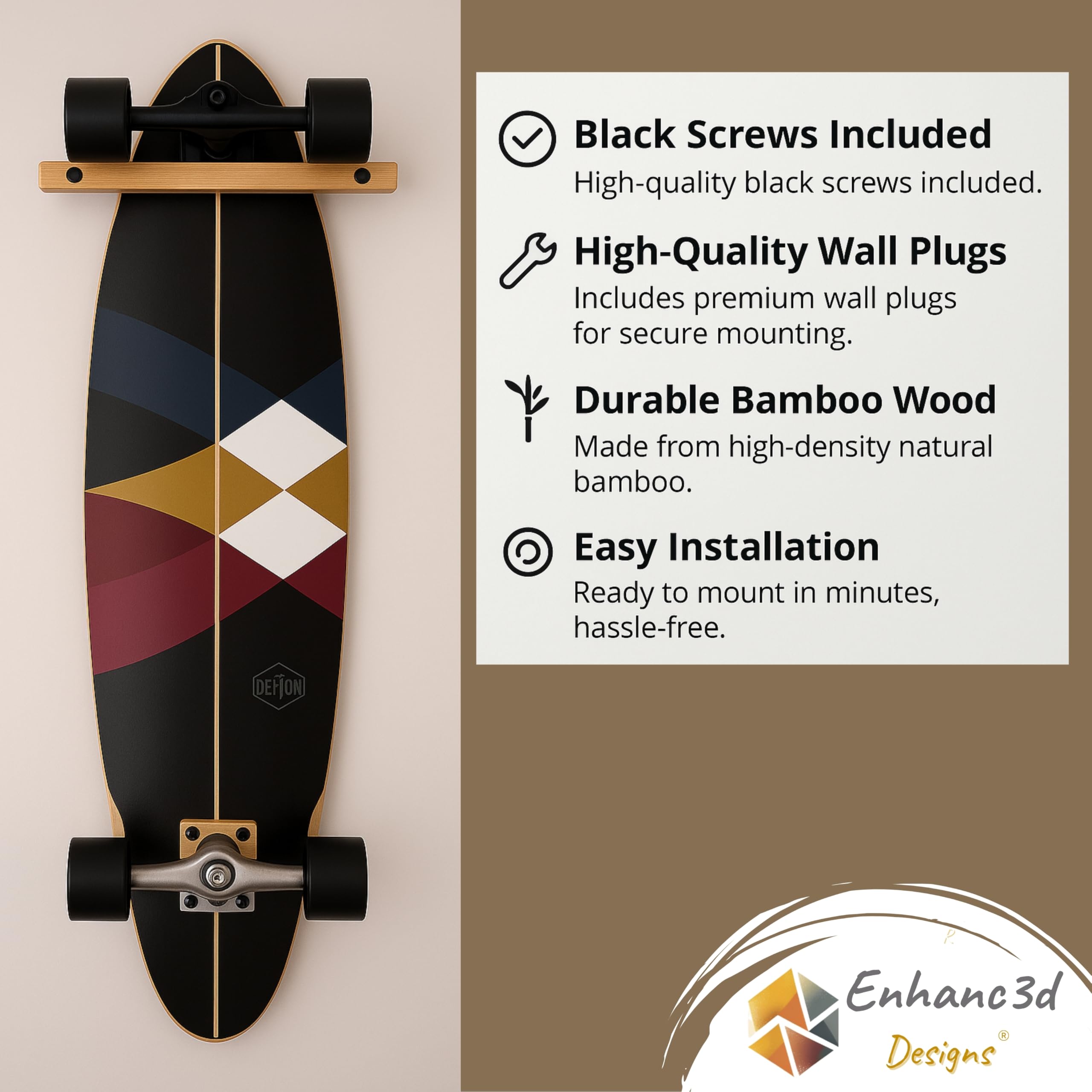 Supporto verticale per skateboard in legno di bambù, design moderno e robusto, gancio da parete per skateboard, supporto longboard da parete, progettato in Europa.