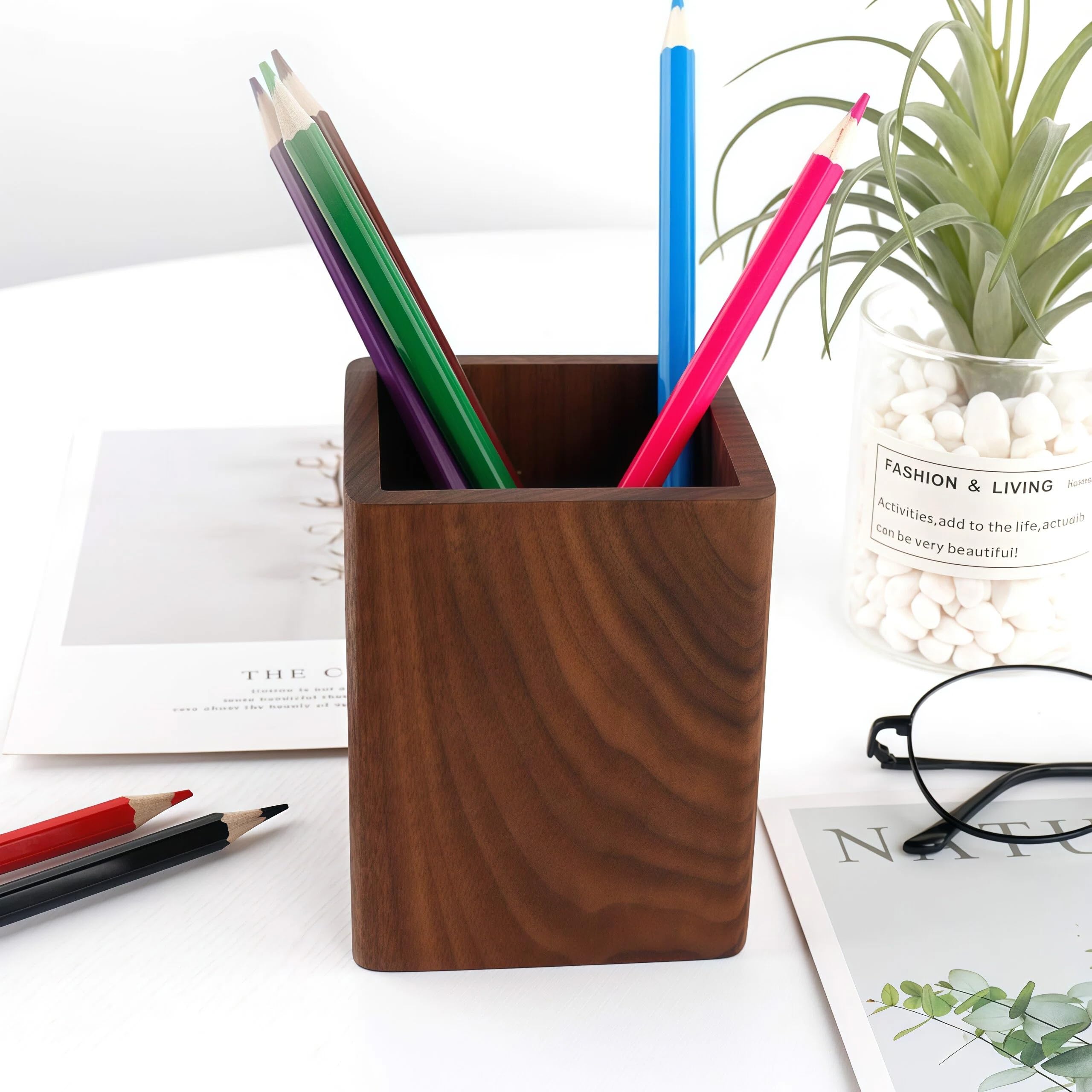 Titular de madera natural de escritorio lápiz organizador escritorio oficina lápices soporte simple (nogal negro)