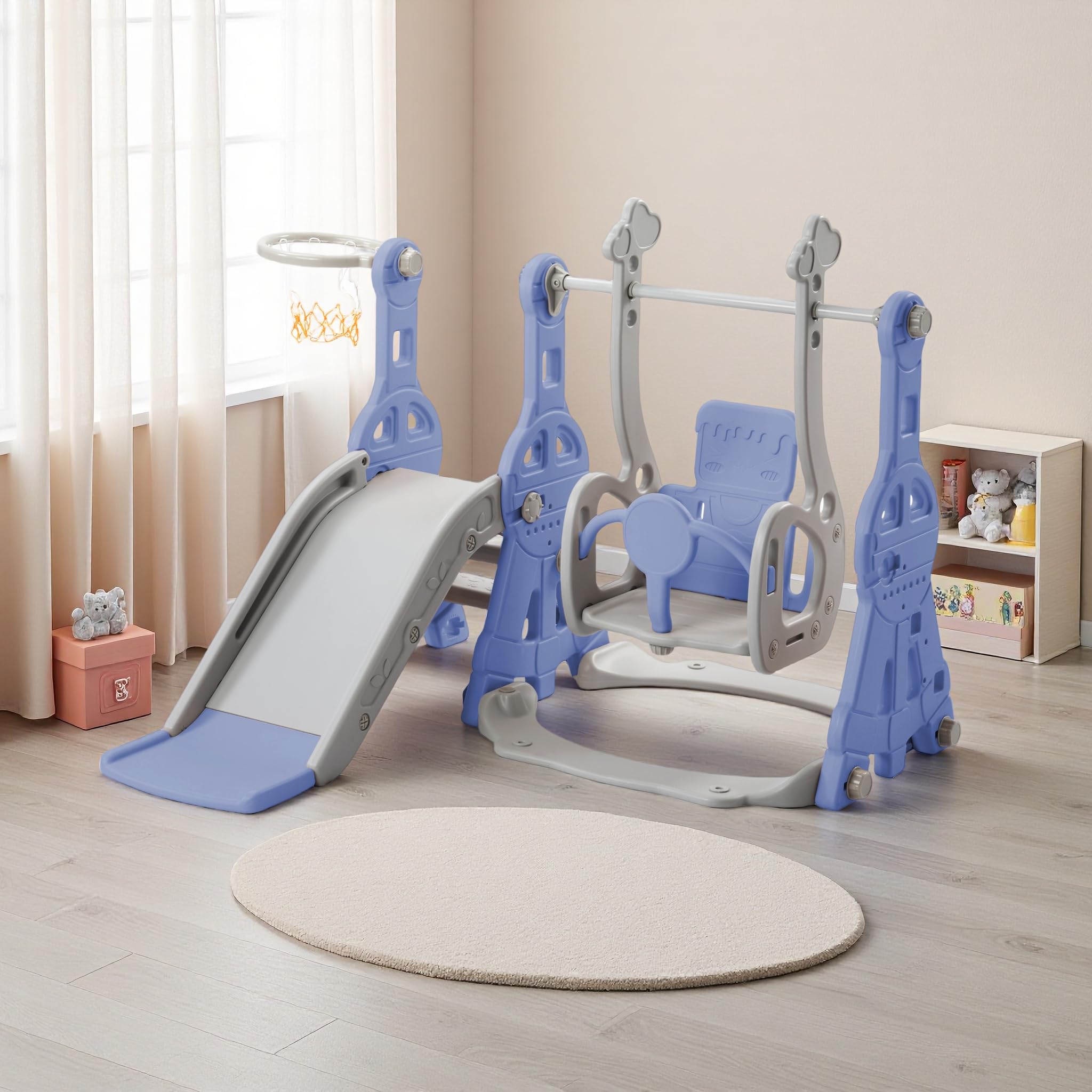 Scivolo per bambini 4 in 1, divertente scivolo con altalena, scala da arrampicata e cestino da basket, area giochi per bambini da 1 a 6 anni (blu, 140x118x102 cm)