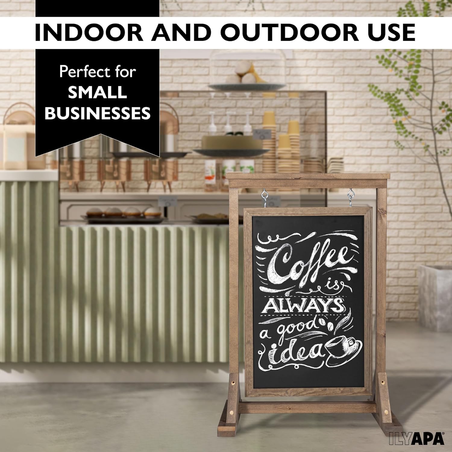 Ilyapa Rustic Double Sided Swinging Chalkboard Sidewalk Sign - Barnwood Magnetic A Frame Alternative Menu Board, Modern Vintage for Restaurants