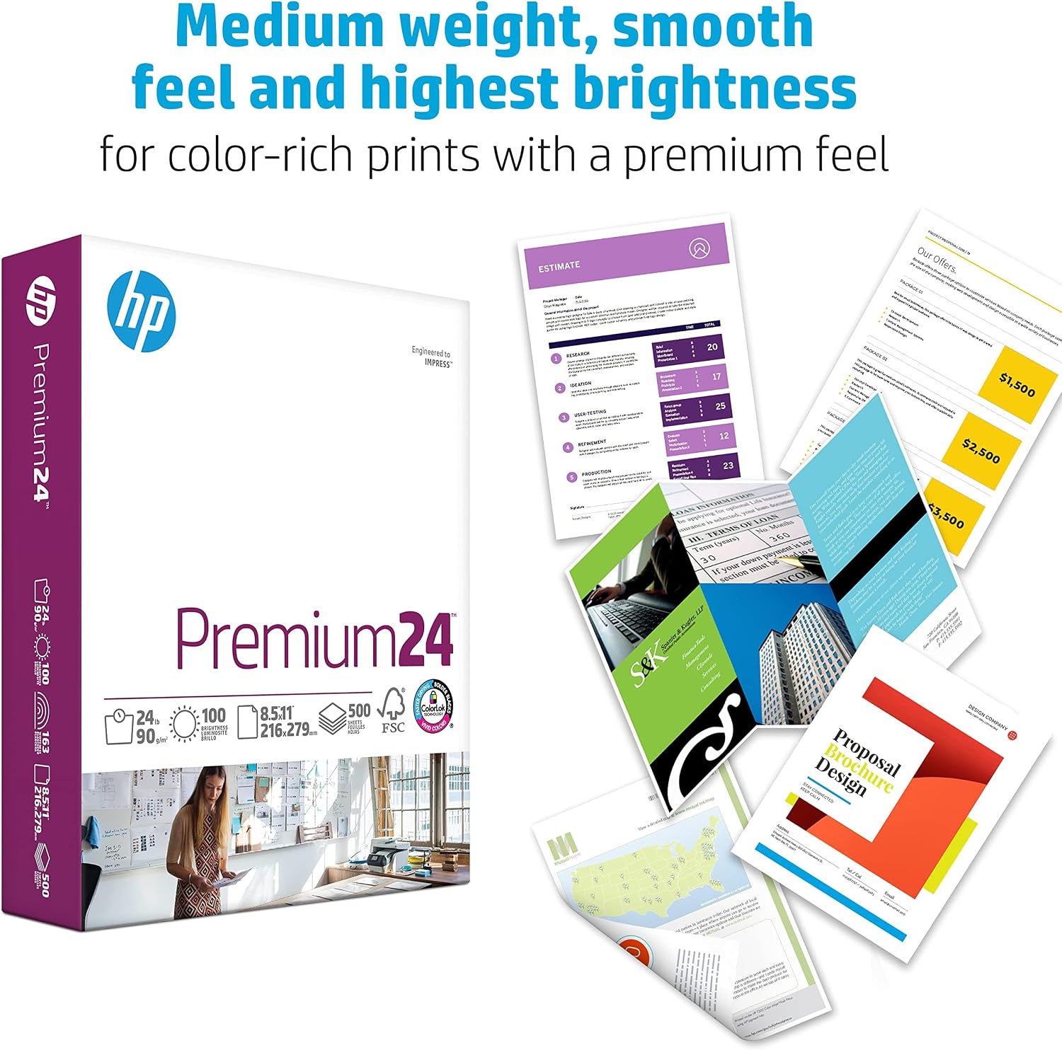 HP Printer Paper | 8.5 x 11 Paper | Premium 24 lb | 5 Ream Case - 2500 Sheets | 100 Bright | Made in USA - FSC Certified | 115300C image 3