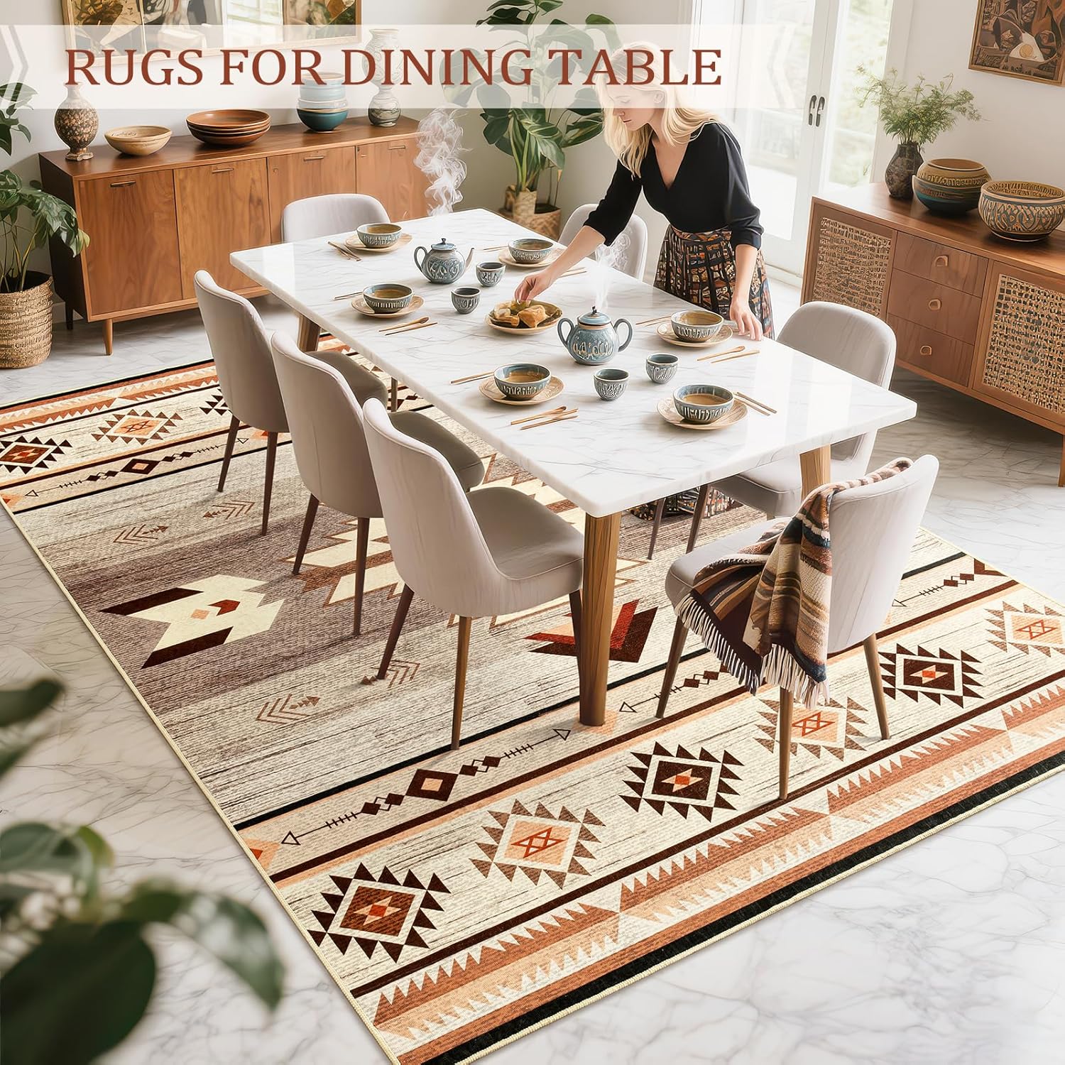 Western Rugs for Living Room, Non Slip Rustic Rug for Bedroom Dining Table Kitchen, Washable Aesthetic Area Rugs for Home Decor, 5ft x 7ft, Warm Beige - Image 4