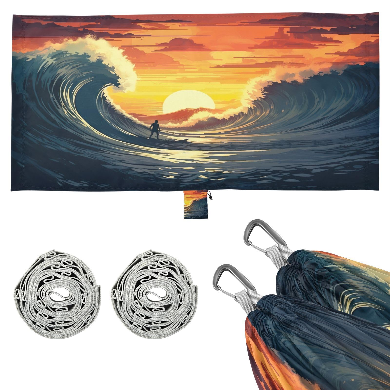 SDMKA Surfer Riding Waves Camping Hammock, 330 lbs with 2 Tree Straps, Carry Bag, Single Portable Hammock for Outdoor/Indoor, Hiking, Beach, Backpacking, Travel