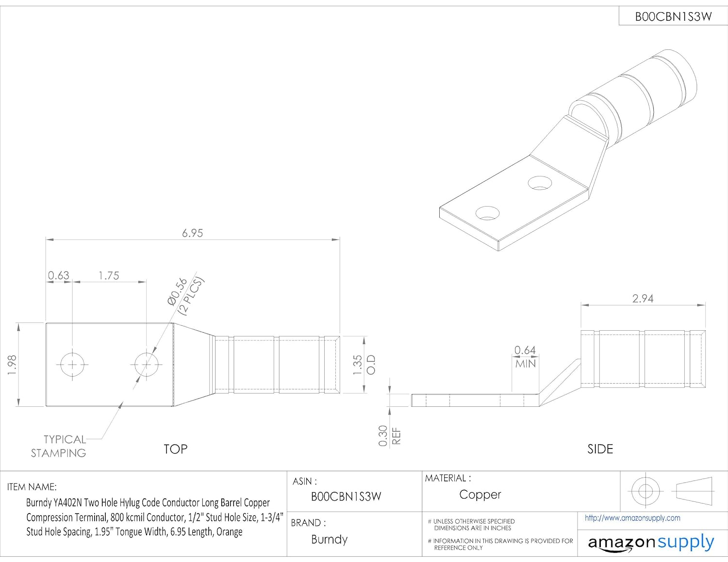 Burndy YA402N Two Hole Hylug Code Conductor Long Barrel Copper Compression Terminal, 800 kcmil Conductor, 1/2" Stud Hole Size, 1-3/4" Stud Hole Spacing, 1.95" Tongue Width, 6.95 Length, Orange