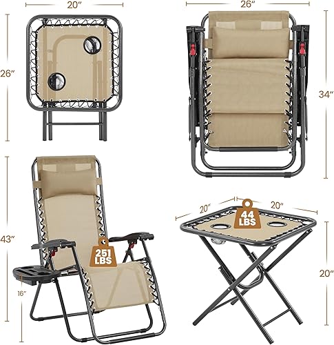 Miniatura 3 de Yaheetech Juego de 3 sillas reclinables portátiles de gravedad cero para exteriores con mesa auxiliar, tumbonas plegables para patio, playa,