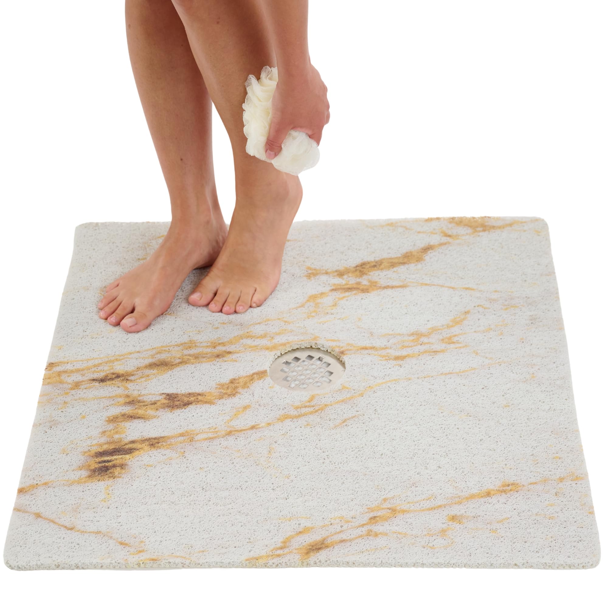 Enkosi Loofah Shower Mat with Drain Hole – Cushioned Anti-Slip Square Bath Mat for Showers, and Bathroom Floors – Textured PVC, Non Slip Safety Pad for Walk-In Stalls and Wet Areas (27x27 Marble Gold)
