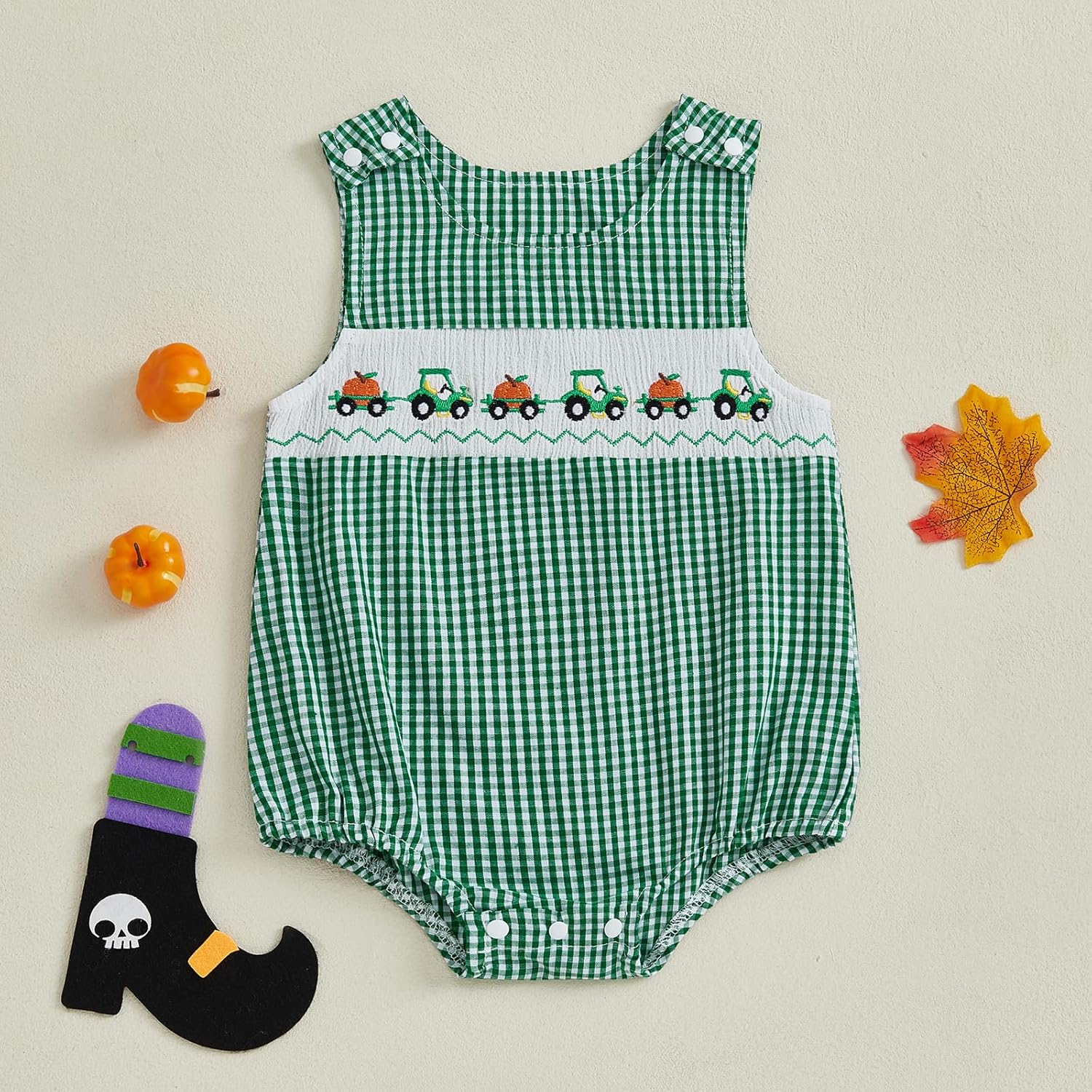 Newborn Baby Boy Halloween Outfit Pumpkin Truck/Tractor Embroidered Smocked Bubble Romper Sleeveless Plaid Bodysuit - Image 5
