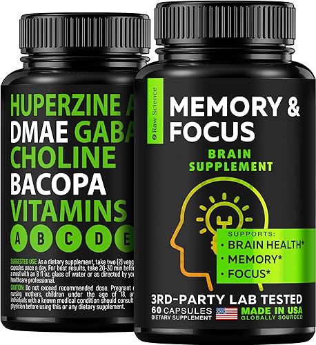 Suplementos cerebrales nootrópicos para memoria y enfoque con huperzina A, fosfatidilserina, DMAE - Apoyo a la salud cerebral GABA, colina, DHA,