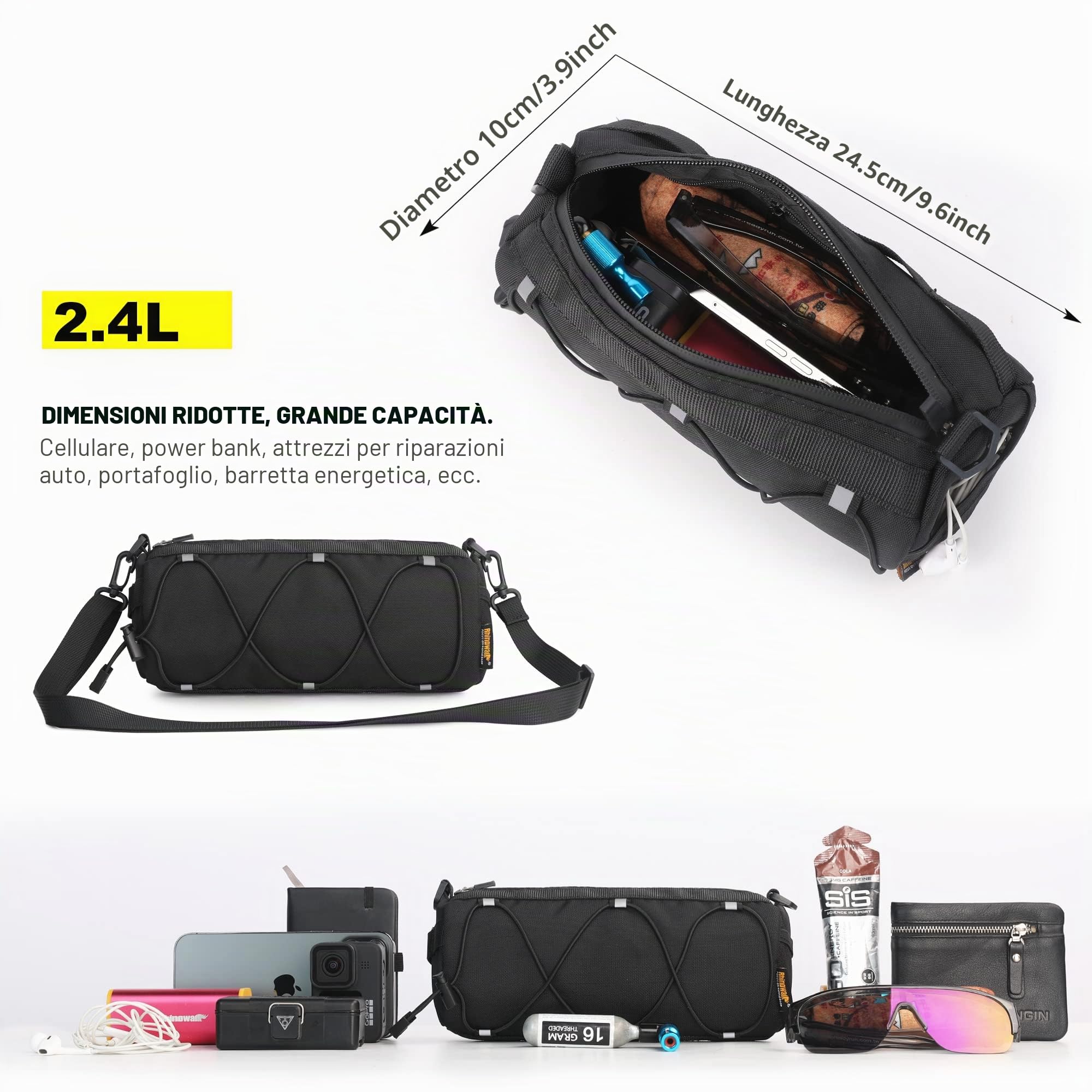Rhinowalk - Borsa da manubrio per bicicletta, borsa contenitore anteriore con tracolla, per bici da strada, mountain bike, ciclismo e cicloturismo (nero)