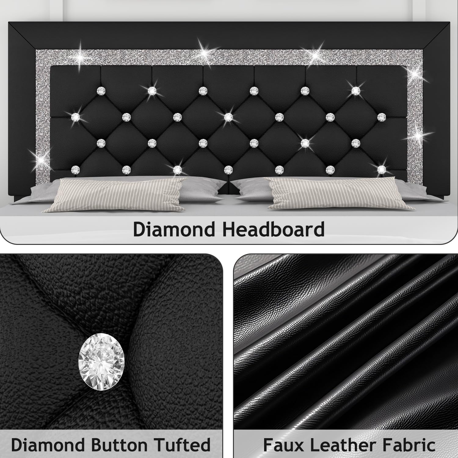 Full Bed Frame, Faux Leather Platform Bed with Upholstered Diamond Headboard, Mattress Foundation with Strong Wooden Slats Support, No Box Spring Required, Easy Assembly, Black