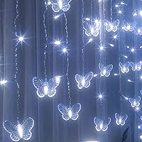 Vista 10 de Cortina de luces de mariposa de 20 pies, 120 luces LED para ventana, luces de hadas USB, 24 mariposas, 8 modos con control remoto para habitación