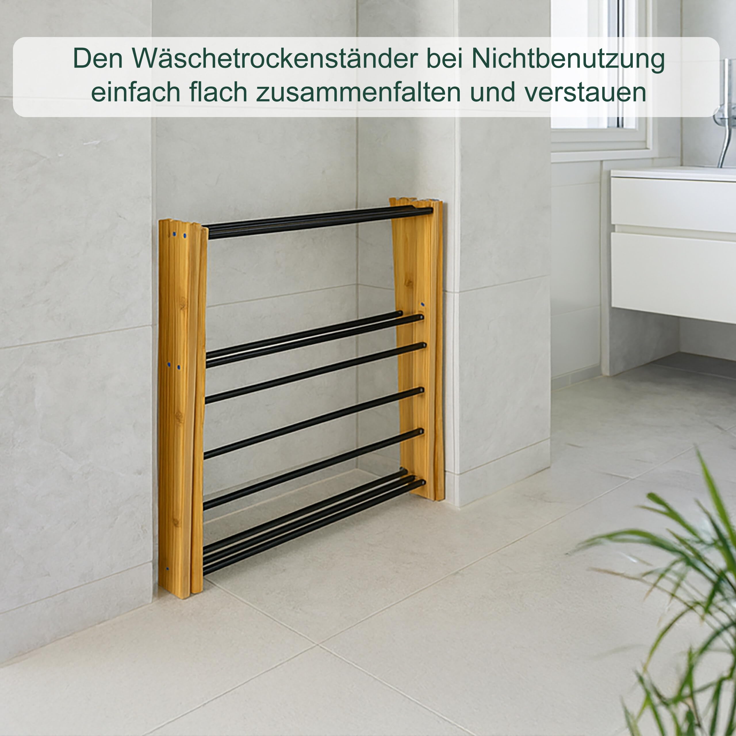 Relaxdays Wäscheständer, klappbar, 11 Stangen, HxBxT: 115 x 73 x 33 cm, Bambus, Metall, Turmwäscheständer, Natur/schwarz