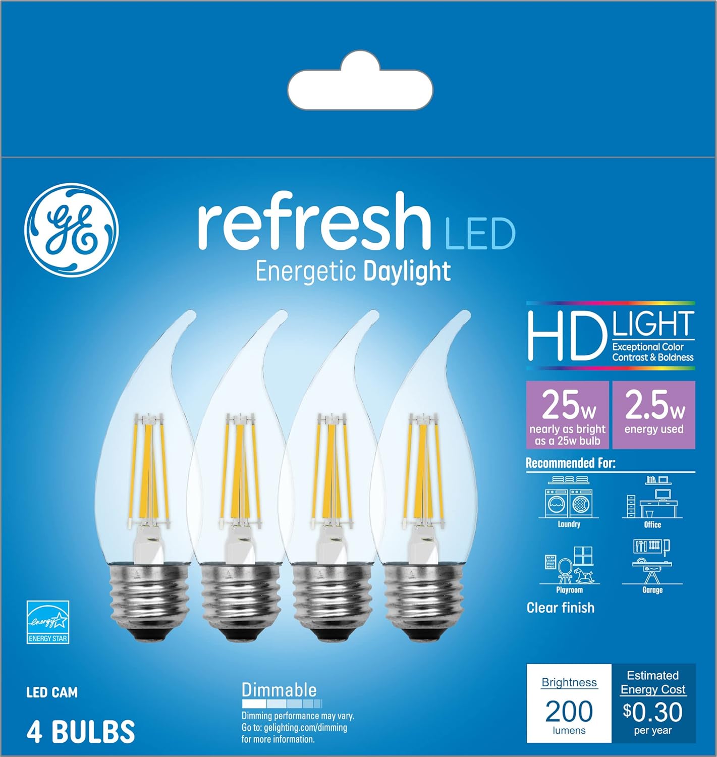 GE Lighting Relax HD Bent Tip Dimmable LED Light Bulbs (25 Watt Replacement LED Light Bulbs), 200 Lumen, Medium Base Light Bulb, Soft White, Clear Finish, 4-Pack LED Bulbs, Title 20 Compliant (45576)