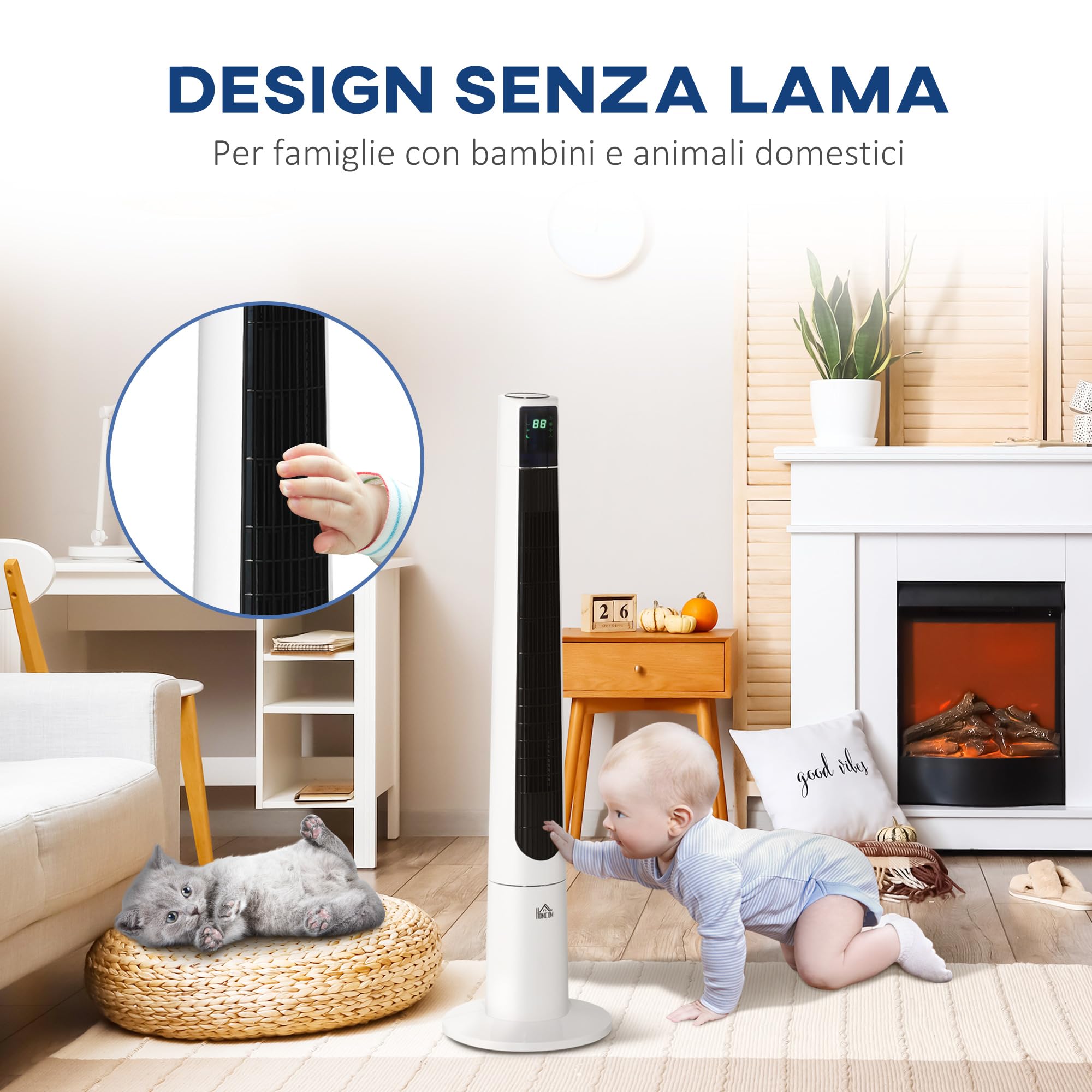 HOMCOM Ventilatore a Torre 50W a 3 Modalità e 3 Velocità, Ventilatore da Terra con Timer da 12h e Telecomando in ABS, Ø32x118.2 cm, Bianco