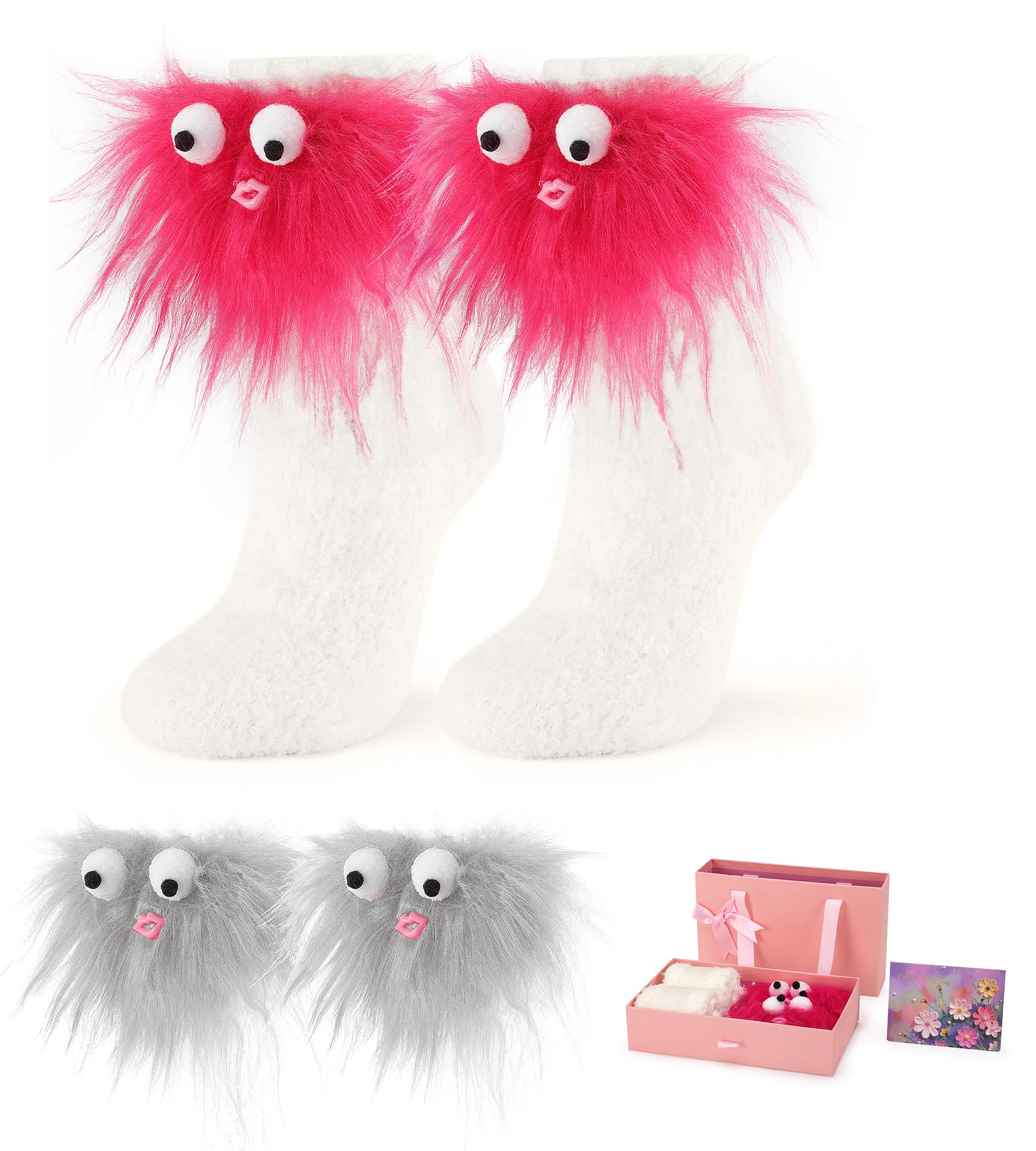 Cute Crazy Fuzzy Socks Funny Gift for Girls Teens Women Fluffy Super Soft Sleep Socks Fun Furry Slipper Socks Novelty Gifts for Winter Christmas Birthday Size 4-10 Red Gray