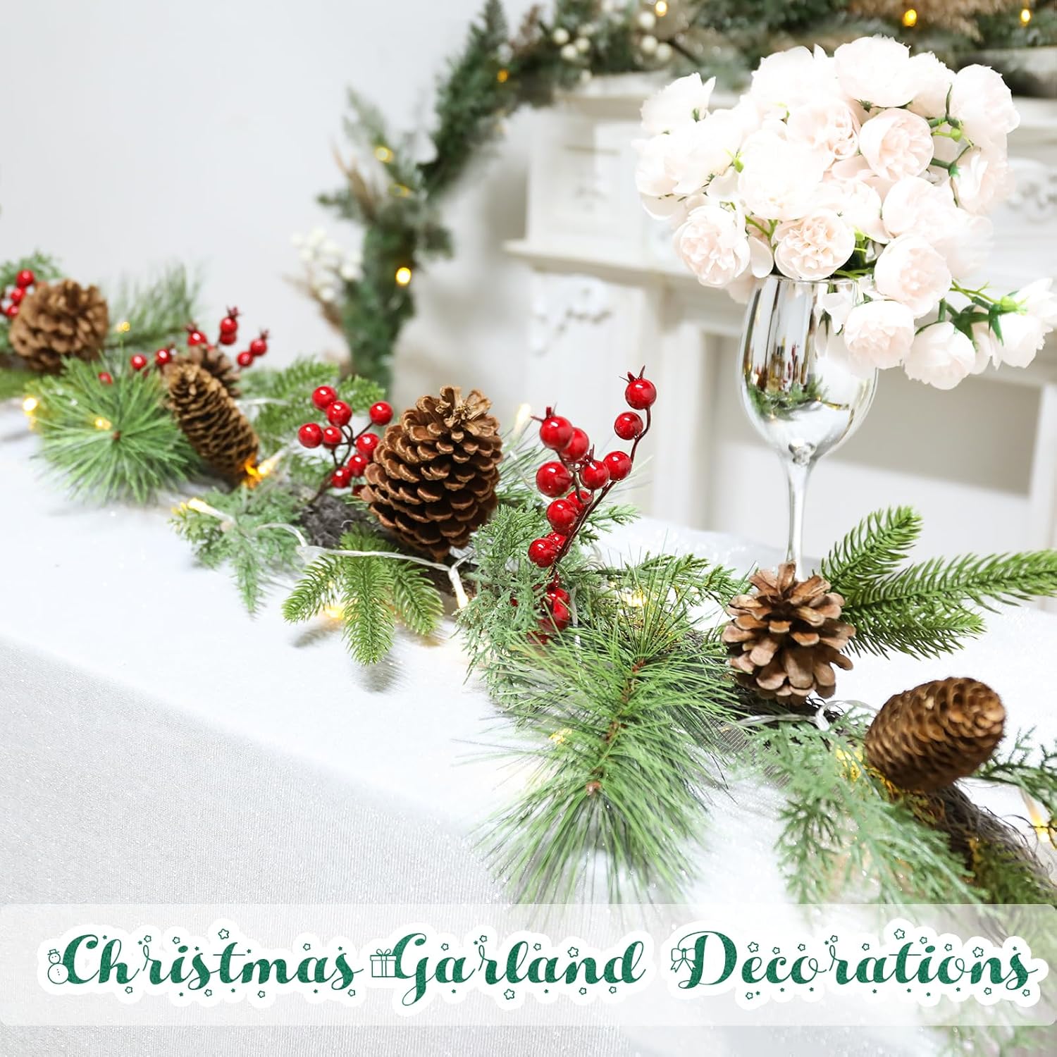 MUMTOP Christmas Garland, 6 FT Battery Operated Christmas Garlands with LED Lights and Red Berries Pine Cones for Fireplace Mantle Table Window Front Door Wall Home Christmas Decorations