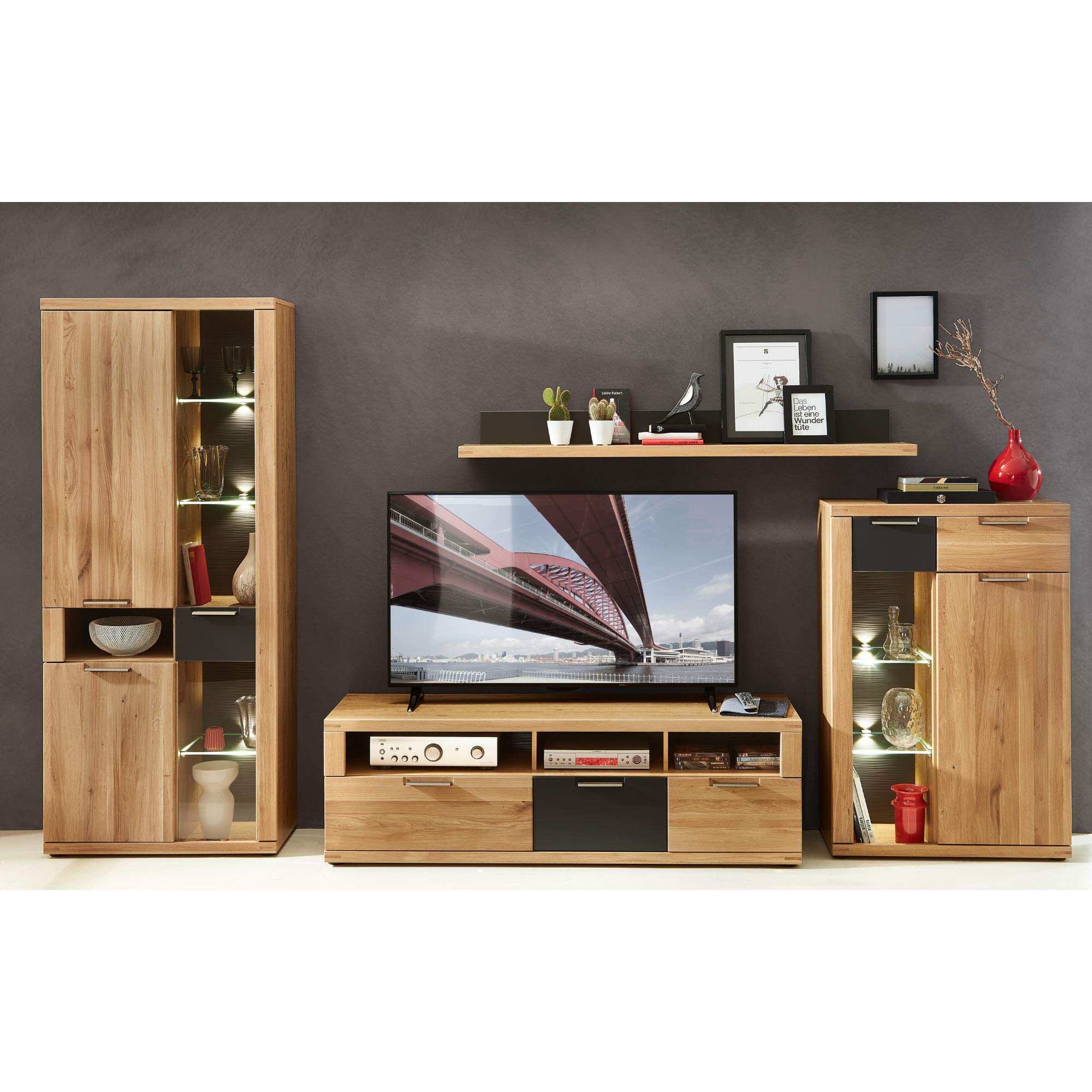 Stella Trading Bianco Große Vitrine teil-massiv aus Wildeiche - Moderne Glasvitrine inkl. LED Beleuchtung - 80 x 199 x 37 cm (B/H/T)