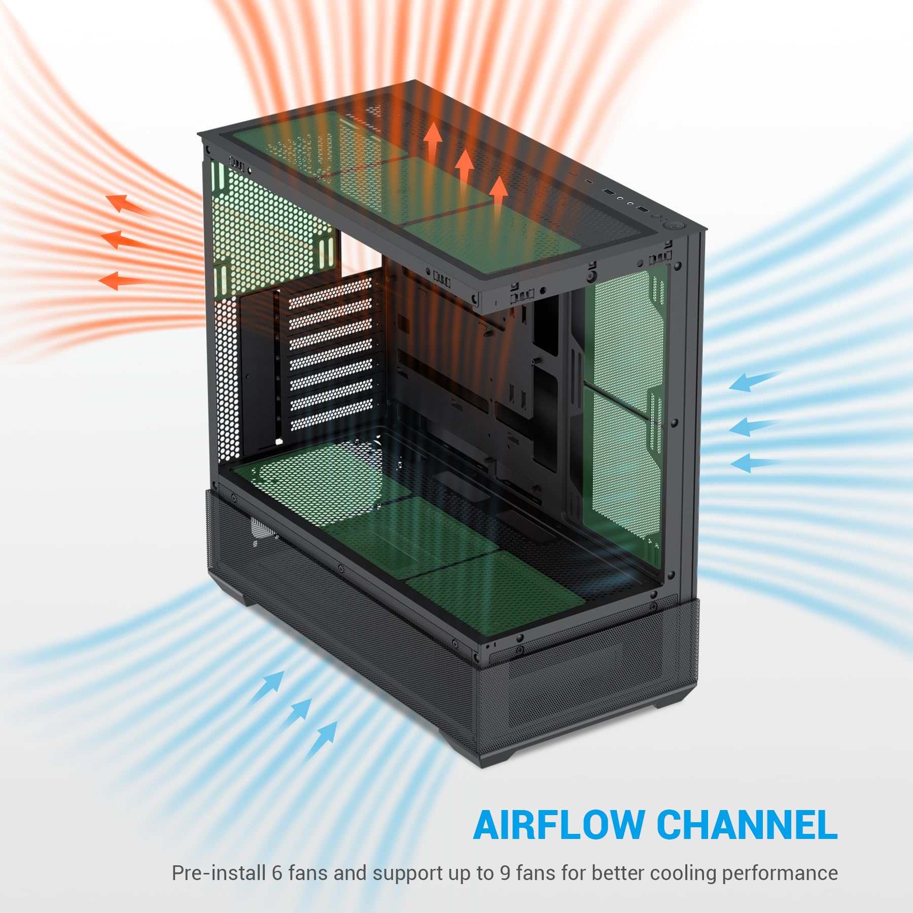 SAMA V40 Torre Media ATX – 6 Ventiladores ARGB PWM de 120mm Preinstalados, Paneles Dobles de Vidrio Templado,Diseño de Doble Cámara, USB 3.1 Tipo-C, 7 Ranuras, Compatible con GPUs ATX/MATX/ITX, Negro