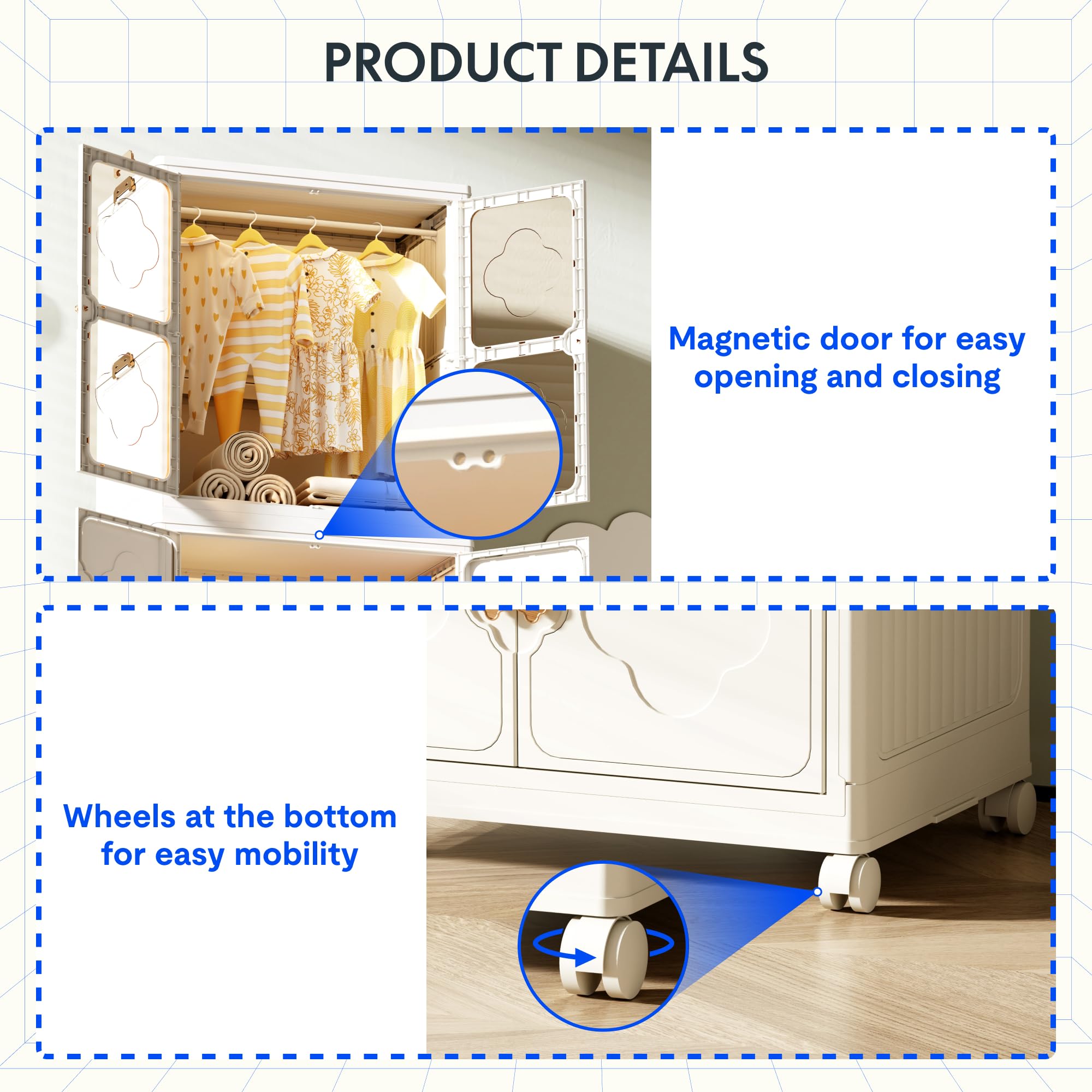 FLEXISPOT Kleiderschrank Children's Wardrobe Aufbewahrungsbox mit Deckel Aufbewahrungsbehälter (Weiß, 2 SET)