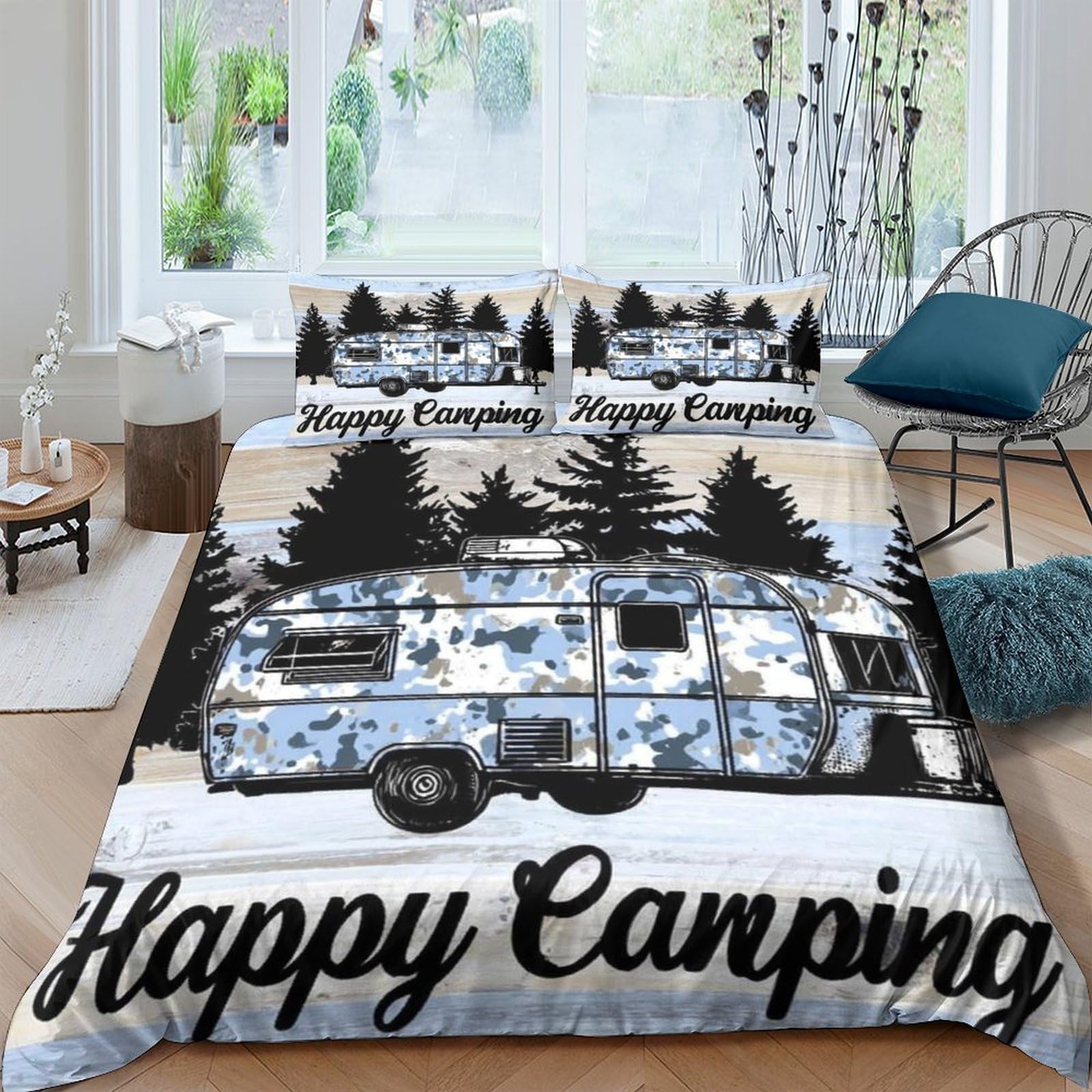 Ctjqhvkz Style-10 3D Printed Blue Camper Van Fitted Sheet Microfiber Soft Pine Forest Bed Cover For Bedroom Guest Room Decor Single（135X200cm）