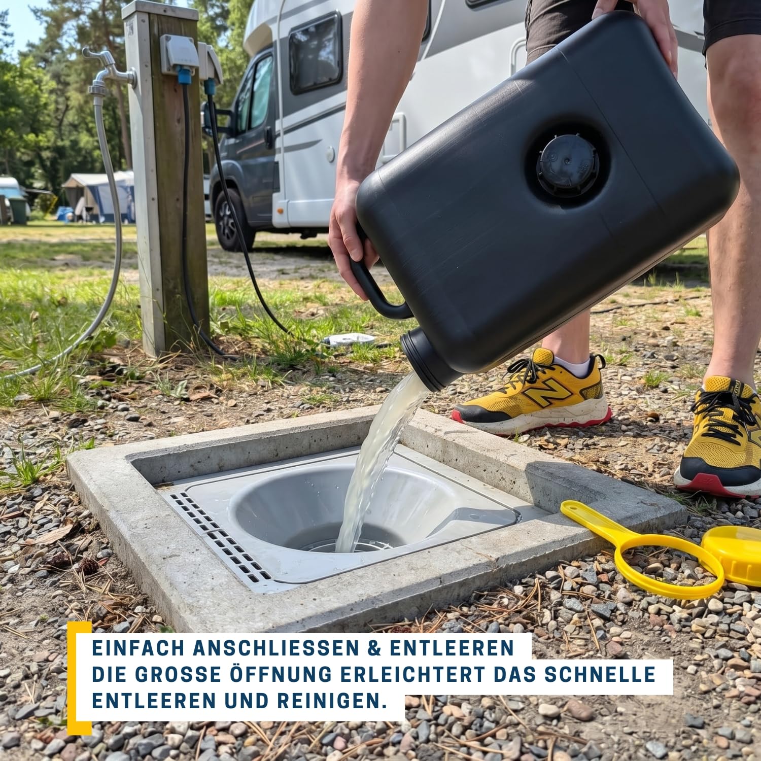 Réservoir d'eaux usées pour caravane 19 l - Réservoir plat pour eaux usées - Pour camping - Noir - 47,5 x 28 x 17 cm - Avec vidange DIN 96 et raccord DIN 61 pour camping-car