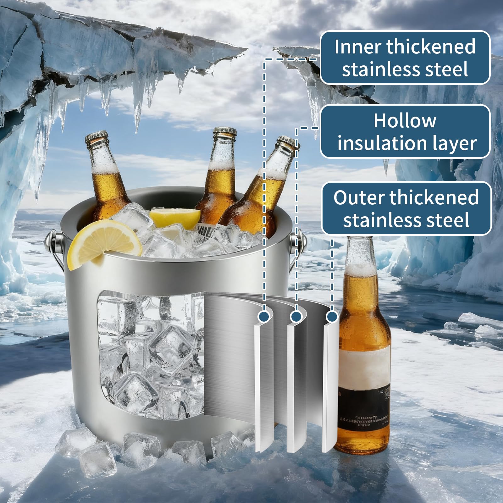 Eiswürfelbehälter Edelstahl, Eiskübel mit Deckel, Eisbehälter für Eiswürfel Eiskübel mit Clips, Sieb und Schaufel, Perfekt zum Abkühlen von Getränken, Ice Cube Tray, Bier, Sektkühler (3L)
