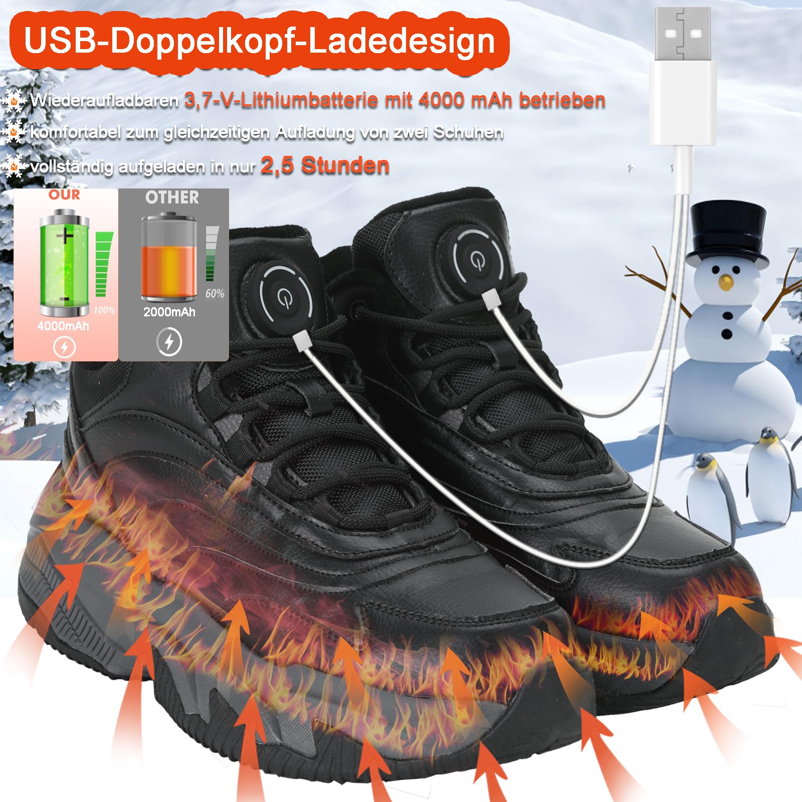 Chaussures de Sport chauffantes Rechargeables USB,Chauffantes pour Hommes et Femmes, Chauffe-Pieds électrique à 3 Vitesses de température, Running Sneakers Voyages d'hiver Alpinisme