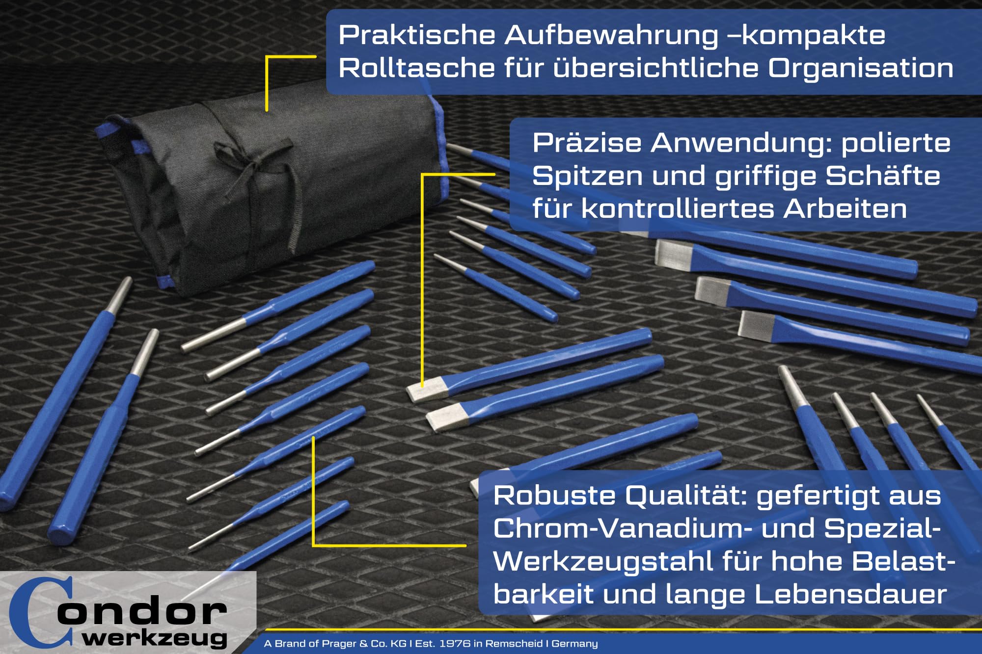 Condor Werkzeug 2990 | Meißel- und Durchtreiber-Satz | 28-tlg. | Chrom-Vanadium-Stahl | Körner | Durchschläger