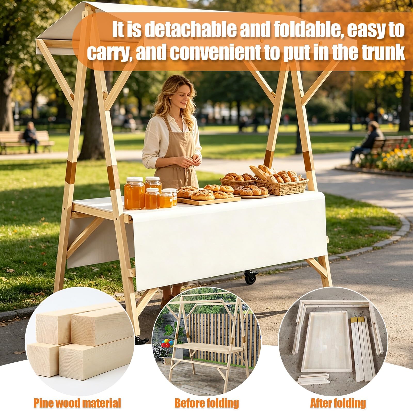 Stand Marché Chariot Pliable, Étal de Marché en Bois avec auvent, Kiosque Mobile Portable pour la Restauration de Rue, Stand de Marchés Commercial(Red A,120cm/47.2in)