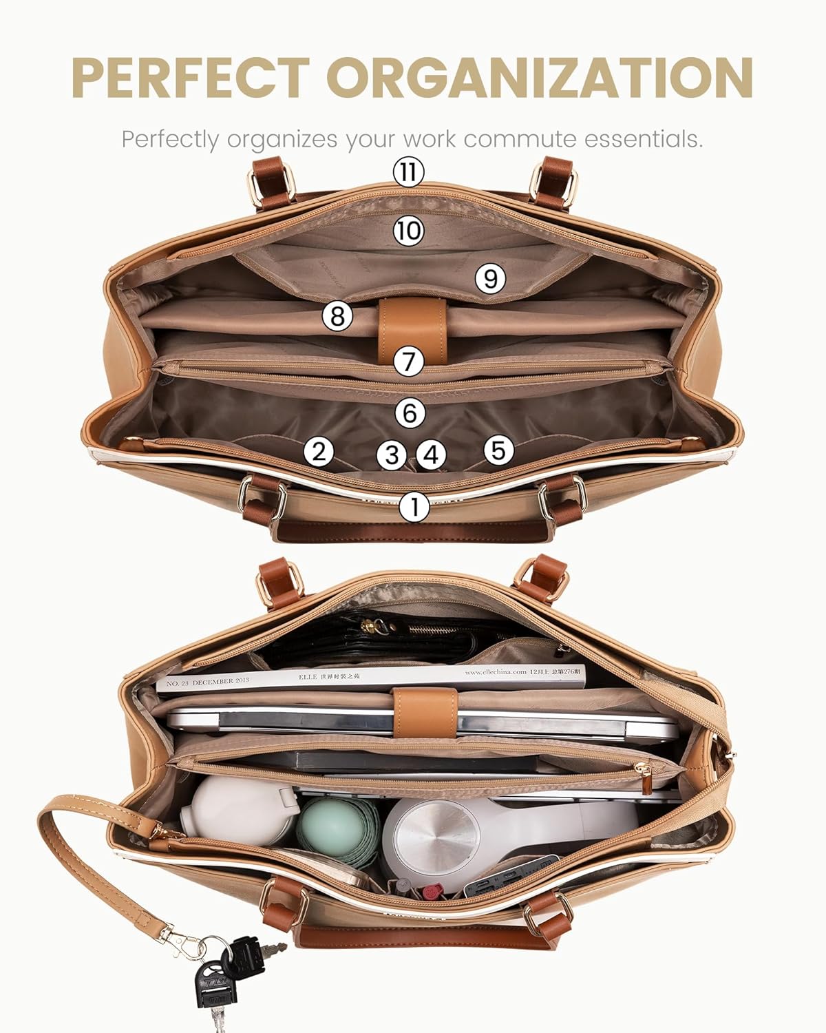 LOVEVOOK Work Tote Bag for Women, Laptop Bag Teacher Tote Bag, Waterproof Leather Computer Bag, Business Laptop Purse Office Handbag Professional Briefcase, 15.6 Inch, Camel-Beige-Brown - Image 4