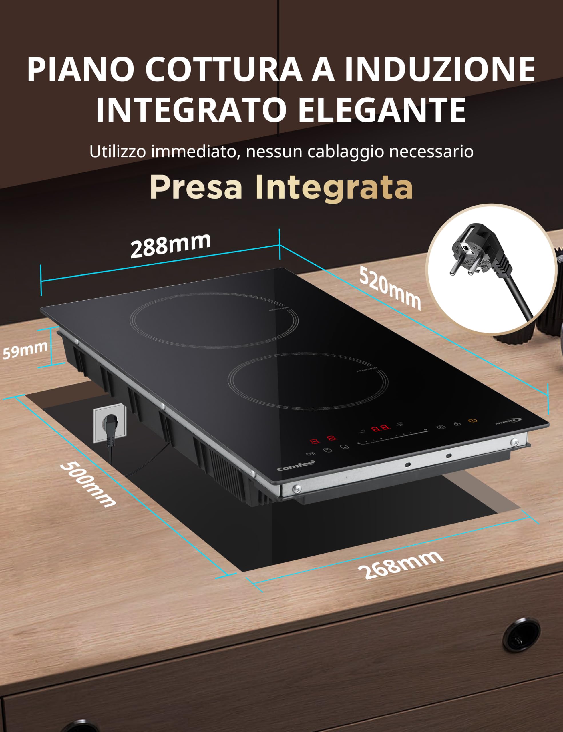 COMFEE' CIH351D257K0 Piano Cottura a Induzione Incorporato con 2 Zone di Cottura, 9 Livelli di Potenza, Area Riscaldamento più Ampia del 20% con Funzione Boost, Controllo Touch, Blocco Bambino