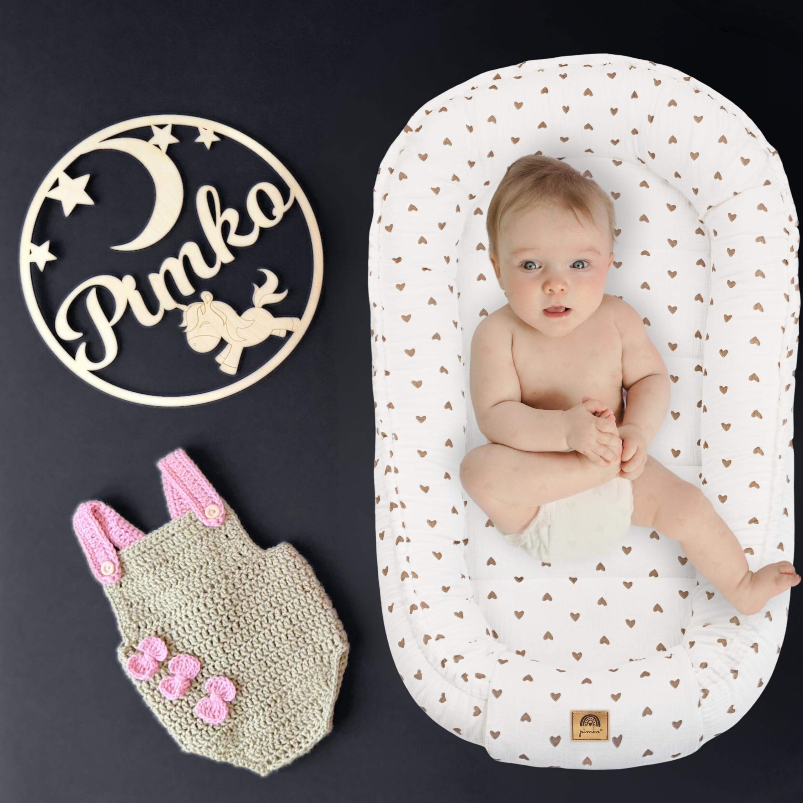 PIMKO Nido de bebé nido para bebé, capullo para bebés y recién nacidos, 60 x 90 cm, 100% algodón muselina, corazones blancos
